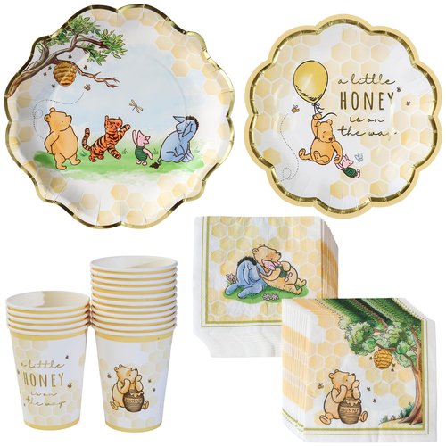 Kate Aspen Honey Bear 78-Piece Winnie Baby Shower Plates and Cups and Napkins Sets for 16 Guests, Classic Winnie Baby Shower Decorations Boy or Girl, Party Paper Plates & Party Supplies