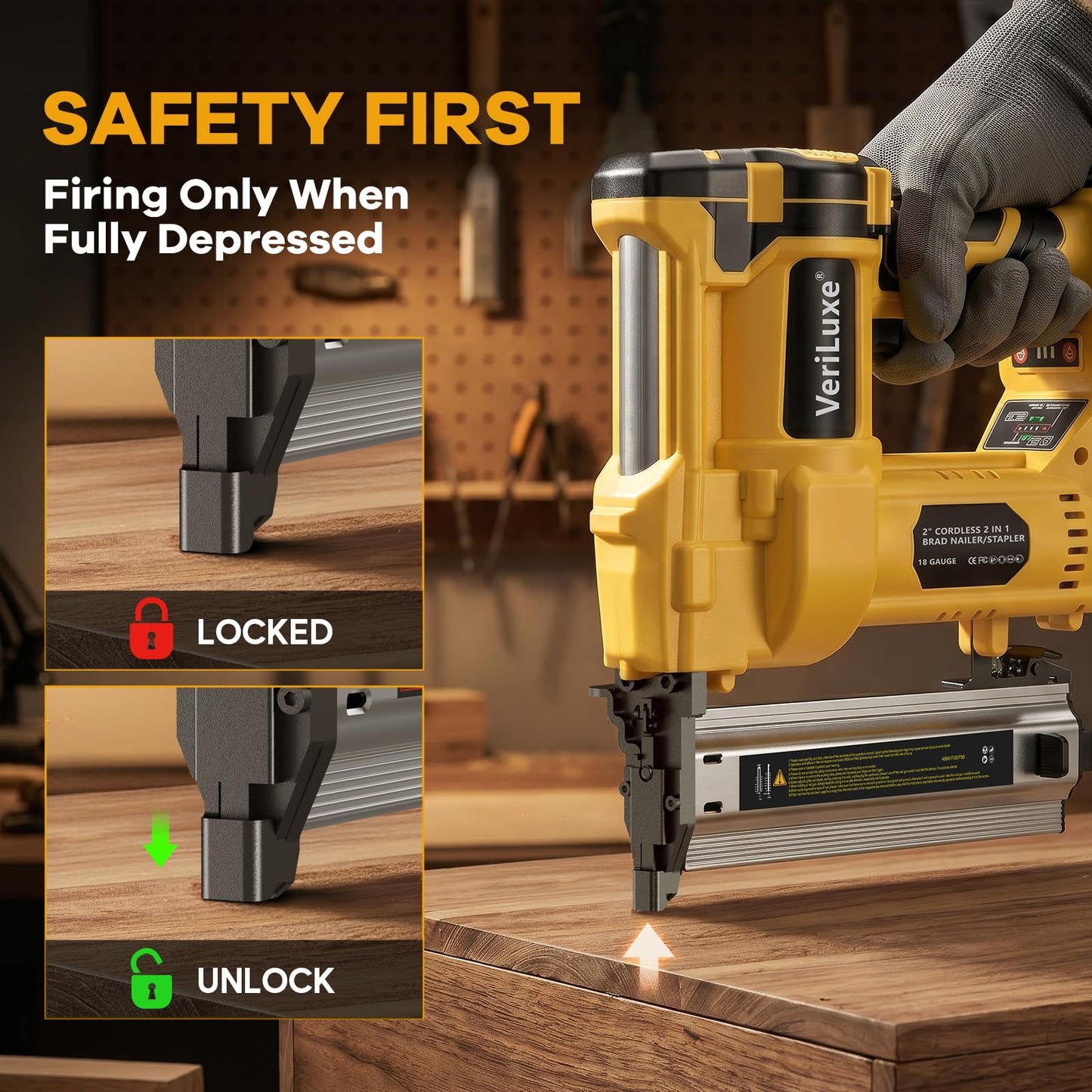 Cordless 2" Brad Nailer Compatible with Dewalt 20V Battery (No Battery), 2-in-1 Electric 18 GA Nail Gun/Staple Gun Battery Powered with 1200 Nails/Staples, 2 Modes, Adjustable Depth, Safety Nose, LED