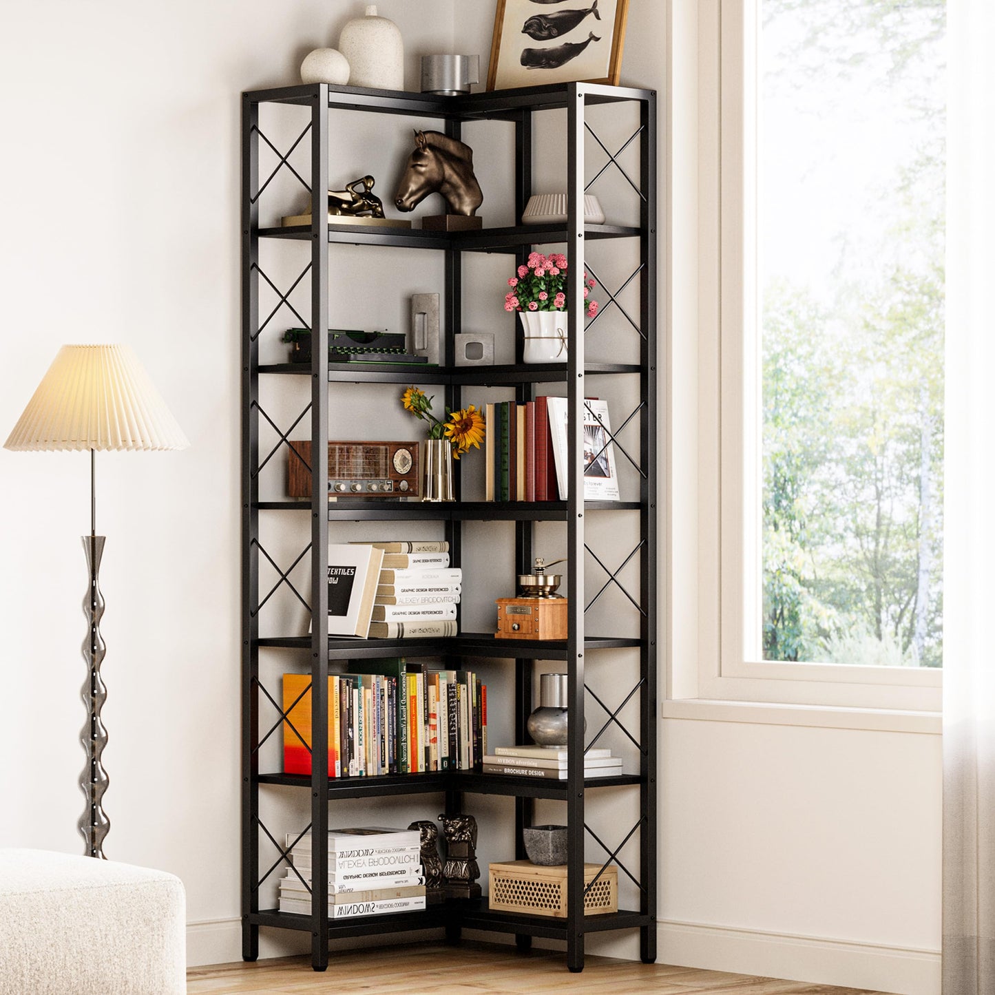 IRONCK Corner Bookshelf, 7-Tier Industrial Corner Bookcase, Tall Corner Shelf Storage Display Rack with Metal Frame for Living Room Home Office, Black