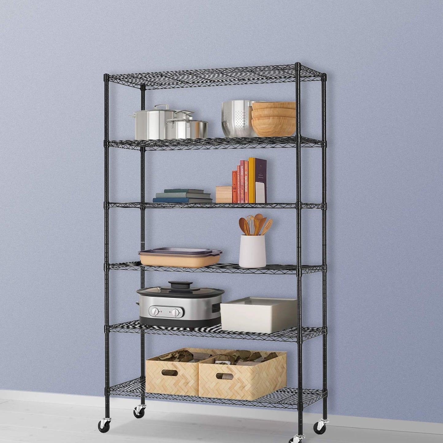 BestOffice Commercial Wire Shelving Unit Metal Shelf Casters Adjustable Layer Rack Strong Steel for Restaurant Garage Pantry Kitchen Garage (45×18×82, Black)