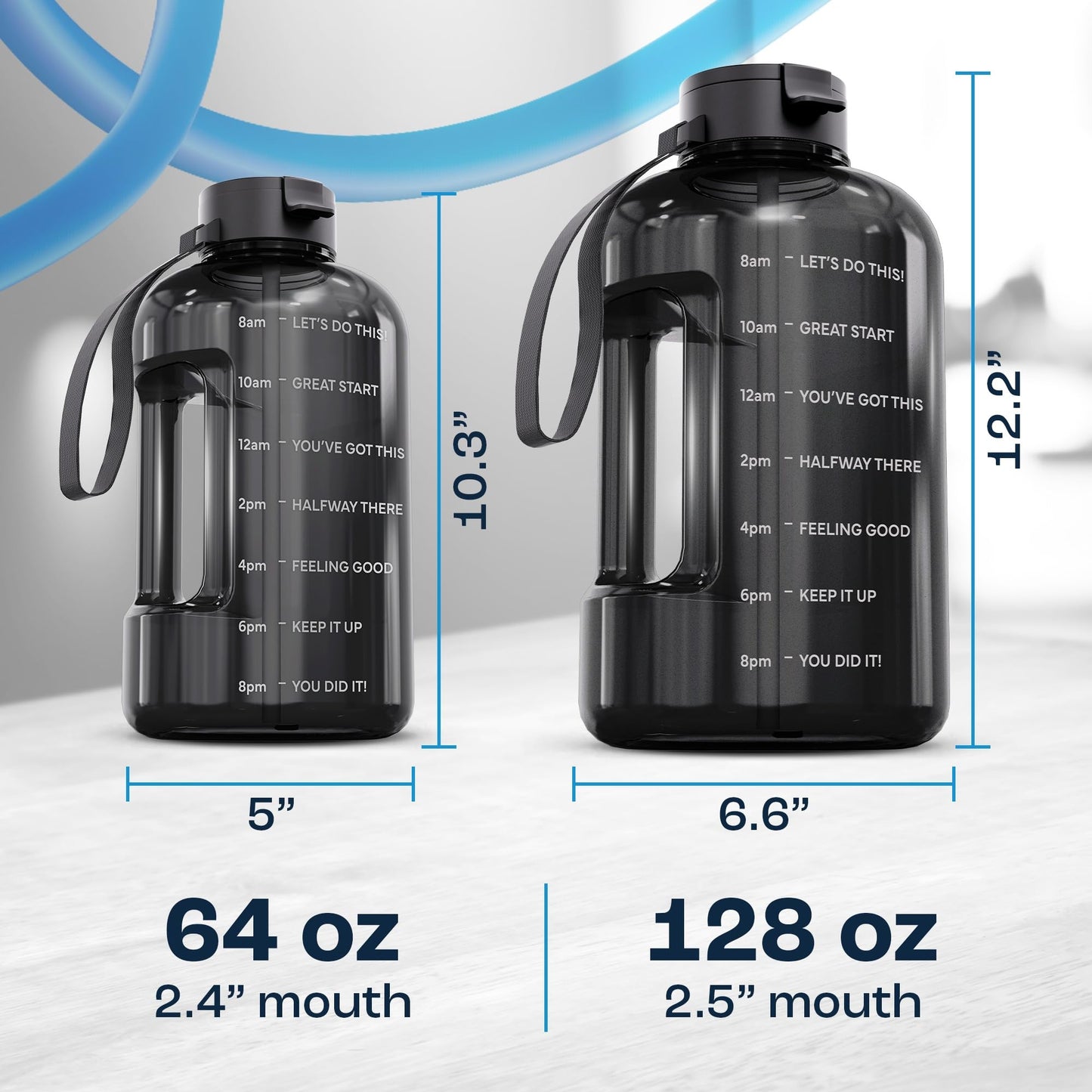 AQUAFIT Half Gallon Water Bottle with Time Marker - Straw & Chug Lid - BPA Free Gym Water Bottle with Straw - Big Gallon Jug (Blue, 64 oz - 2 Lids)