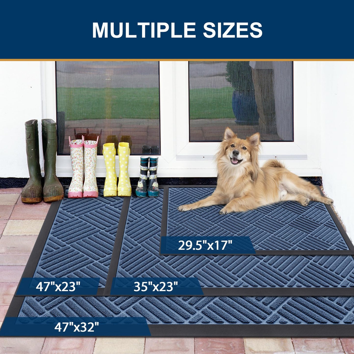 Smiry Front Door Mat Outside Entrance, Heavy Duty Outdoor Indoor Mat, Natural Rubber Doormat, Non Slip, Trap Dirt and Moisture, Easy Clean, Low Profile Patio Porch Entryway Mat, 59x35, Blue