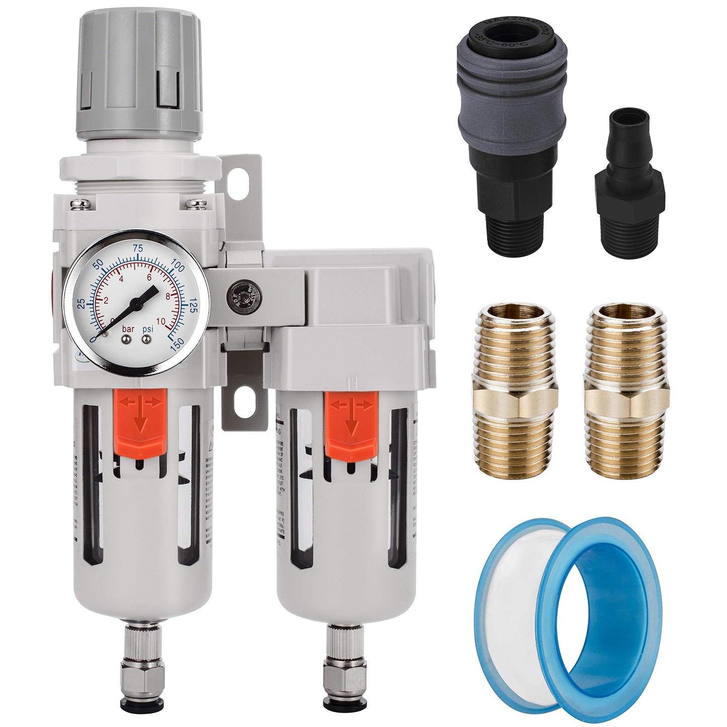 NANPU 1/2" NPT Air Dryer System - 5 Micron Particulate Filter, 0.5 Micron Coalescing Filter & Air Pressure Regulator, Water Trap Separator - Semi-Auto Drain,0-150 psi Gauge, Poly Bowl, Metal Bracket