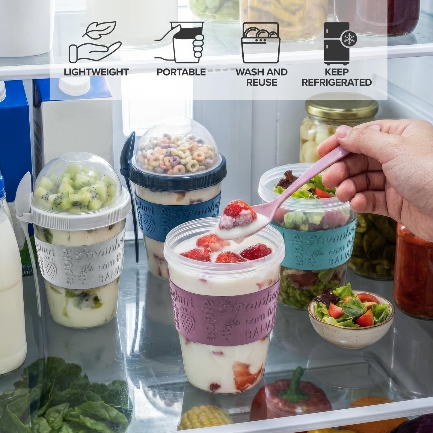 SECEL 4 Pcs Yogurt Parfait Cups Breakfast On The Go Reusable Plastic Containers With Lids And Spoons Take And Go Yogurt Cup With Topping Cereal Or Oatmeal Leak-proof Colorful Bowls