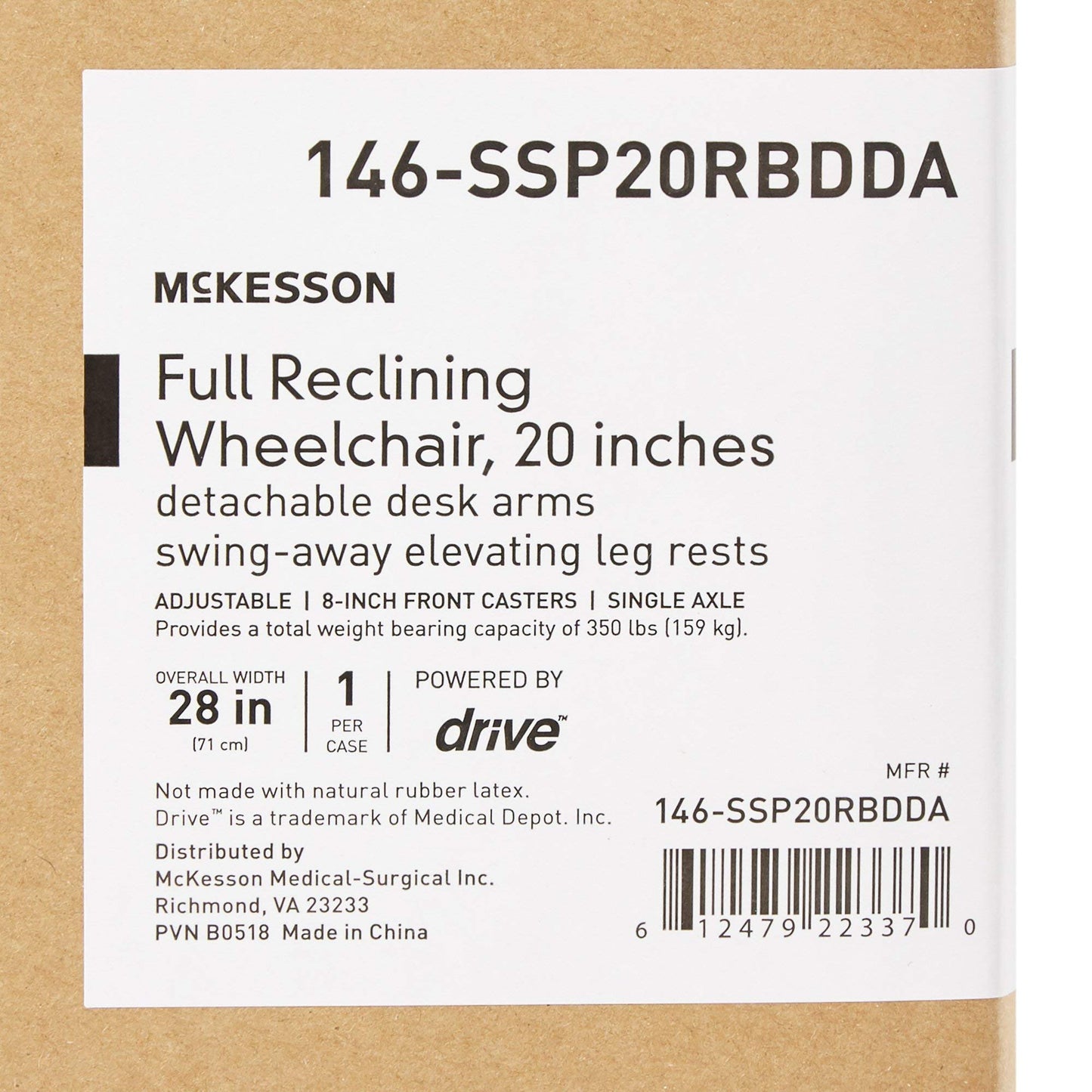 McKesson Reclining Wheelchair and Detachable Desk Arms - 20-Inch Seat Width, 350 lbs. Capacity - 1 Each / Each - 20324201