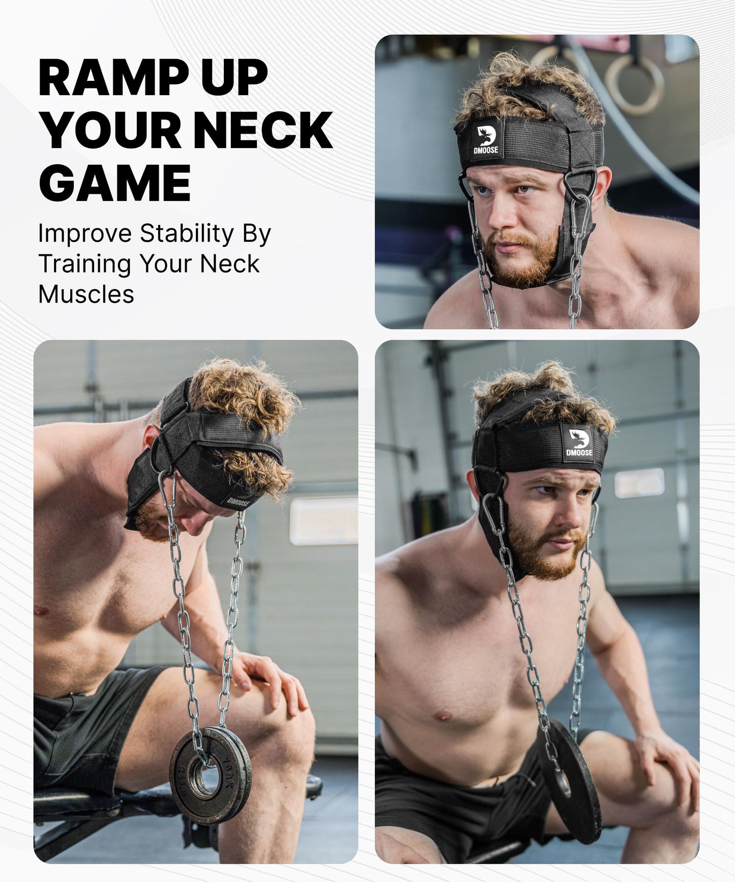 DMoose Fitness Neck Harness for Weight Lifting - Soft Padded Head & Chin Strap with 30" Heavy Duty Steel Chain - Neck Exerciser, Trainer & Strengthener to Support Injury Recovery (Black)