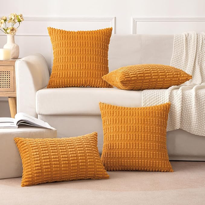 MIULEE Pack of 2 Burnt Orange Corduroy Decorative Lumbar Pillow Covers 20x12 Inch Soft Boho Striped Throw Pillow Covers Modern Farmhouse Home Decor for Summer Sofa Living Room Couch Bed