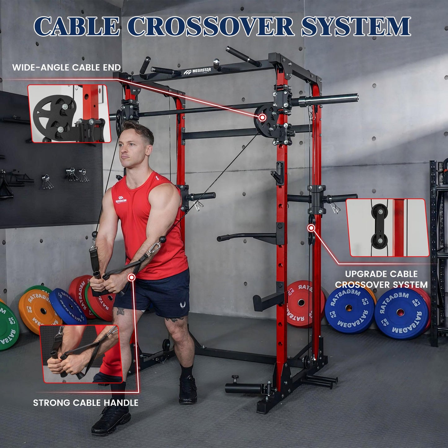 Smith Machine, 5 in 1 Heavy-Duty Squat Rack with Cable Crossover, All-in-One Home Gym Power Rack for Full-Body, Dual 1:1 Pulley System