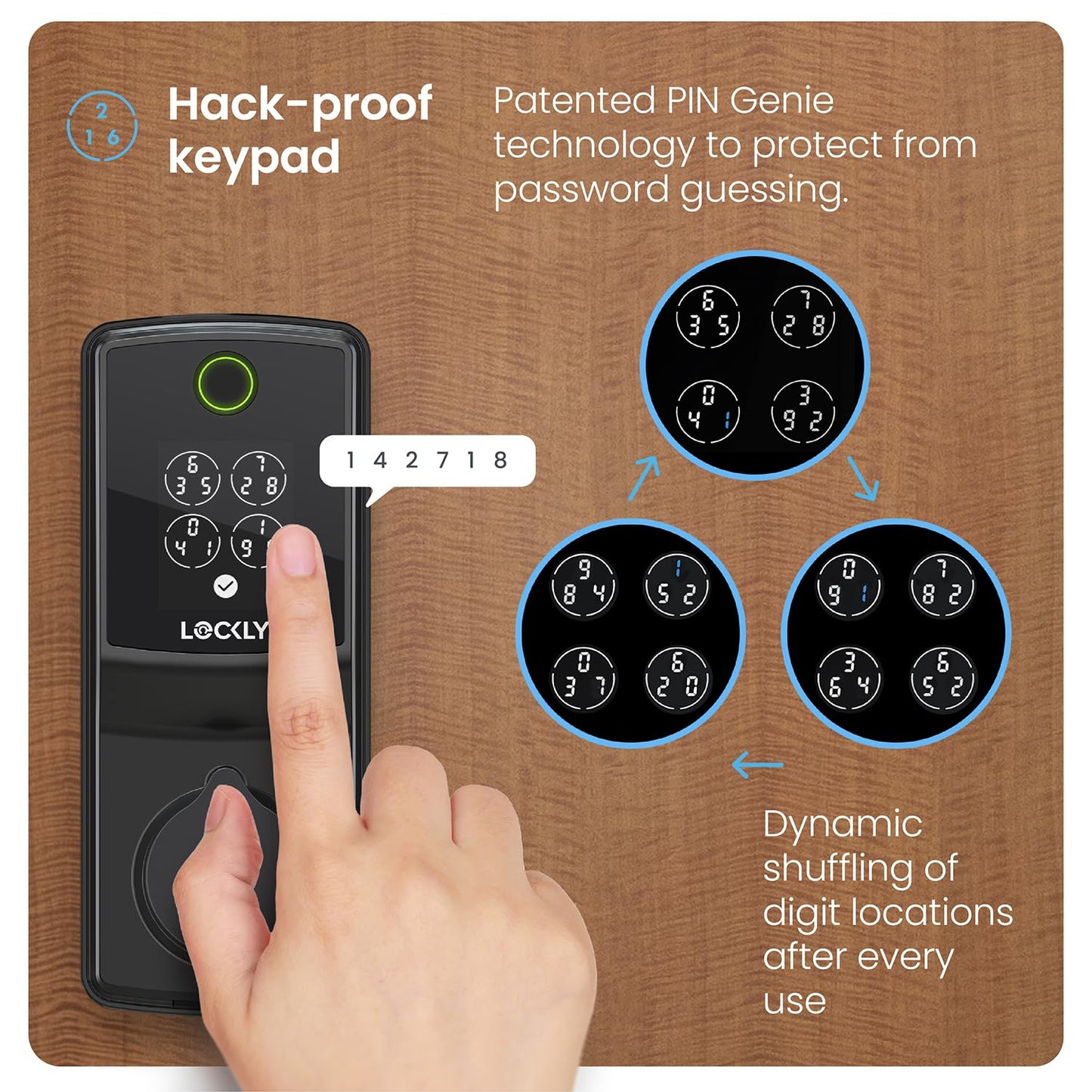 Lockly Secure Pro Smart Lock, 0.2s AI Fingerprint Door Lock, Patented PIN Genie Keypad, Keyless Entry Deadbolt for Front Door, Zinc Alloy, IP65 Waterproof, 2 Backup Keys Included