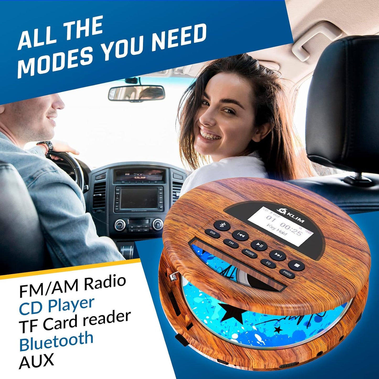 KLIM MP3 Nomad Wood - New - Portable CD Player Walkman - Long-Lasting Battery - Includes Headphones - Radio FM