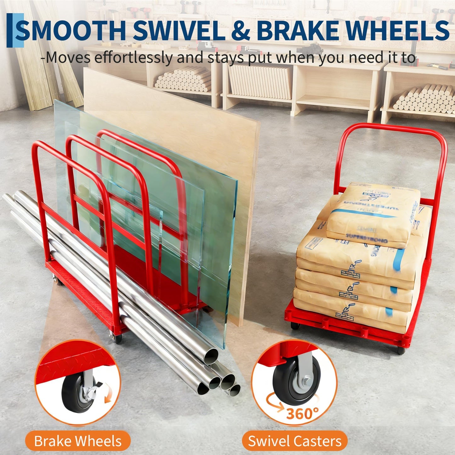 2-in-1 Drywall Dolly Cart, Heavy Duty 2000LBS Capacity Panel Cart Dolly, 41x24 Inch Platform Truck with 1 Front and 4 Side Handrials, 5" Swivel Brake for Warehouse Garage Moving, Red