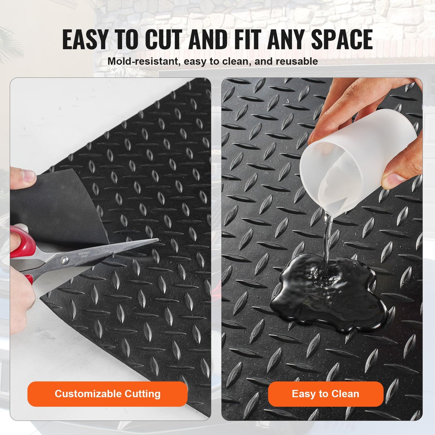 VEVOR Diamond-Plate Rubber Flooring Roll, 3 mm x 4 ft x 8 ft Floor Mat, SBR Rubber Roll, Easy to Clean, for Under Cars, Garage, Industry, Gym, Black