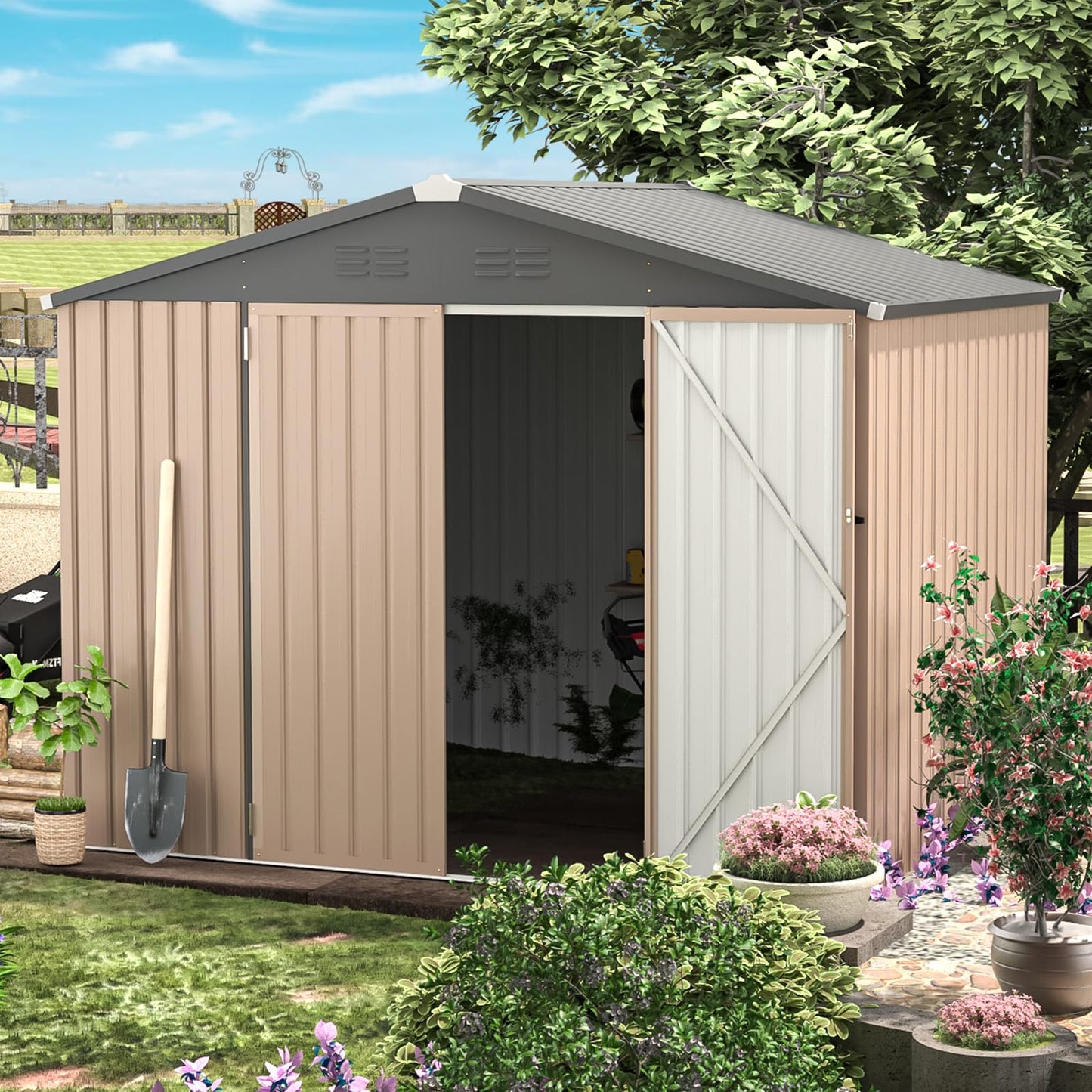 AECOJOY 6x8 FT Galvanized Steel Outdoor Storage Shed, Small Metal Garden Tool Shed with Sloped Roof & Lockable Double Hingled Doors,Gray
