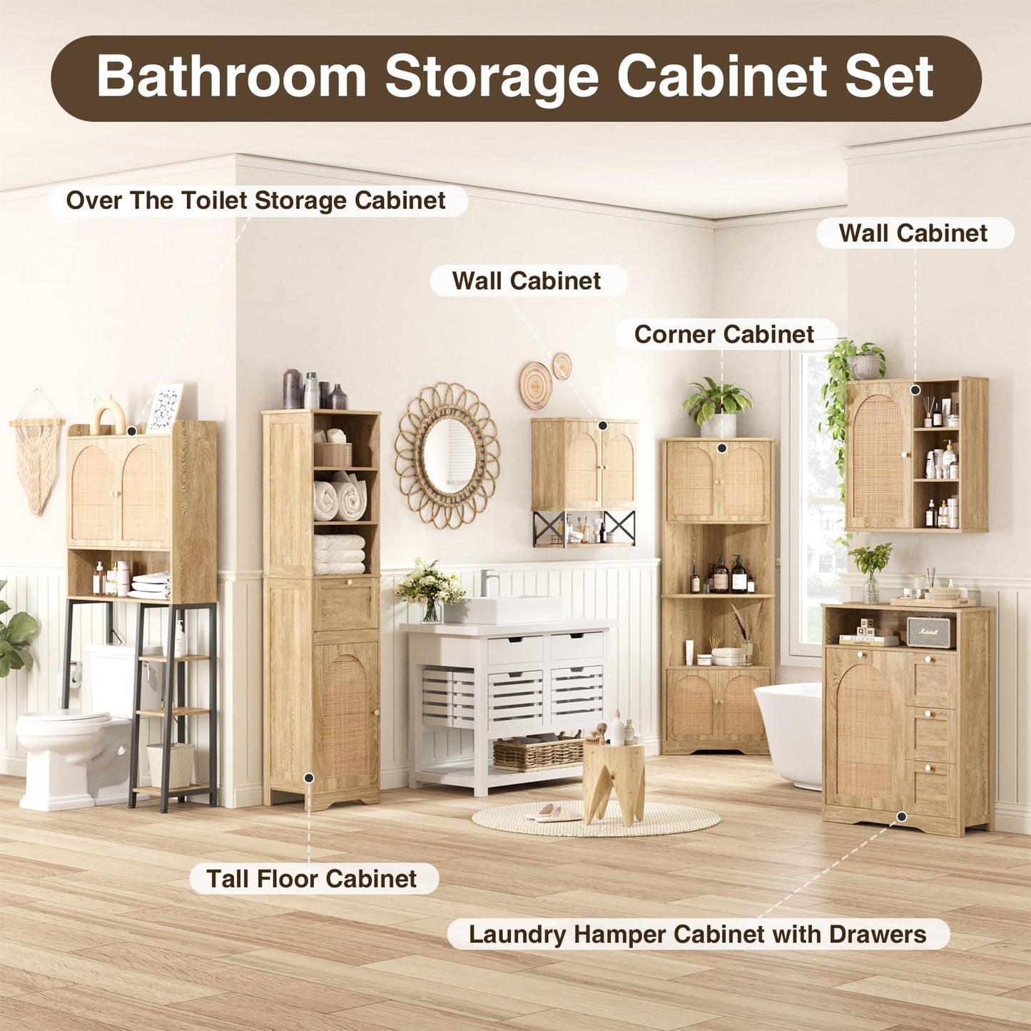 Rattan Bathroom Wall Cabinet with Door, Boho Medicine Wall Cabinets with Adjustable Shelves, Tall Kitchen Wall Mounted Storage Cabinet, Floating Hanging Cabinet Space Saver for Laundry Room, Natural