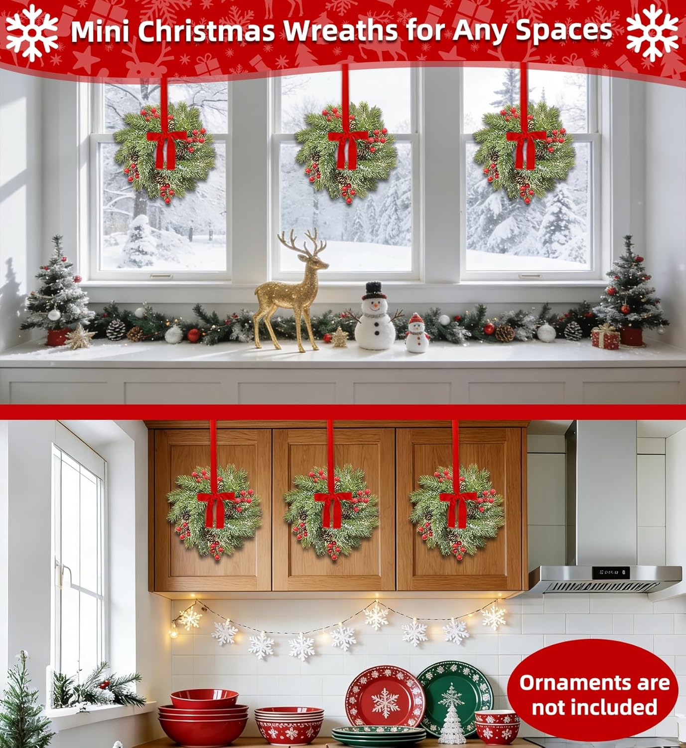 Skiennix Christmas Candle Rings - 4 Pcs Flocked Pine & Red Berry Wreaths for Festive Home Decor