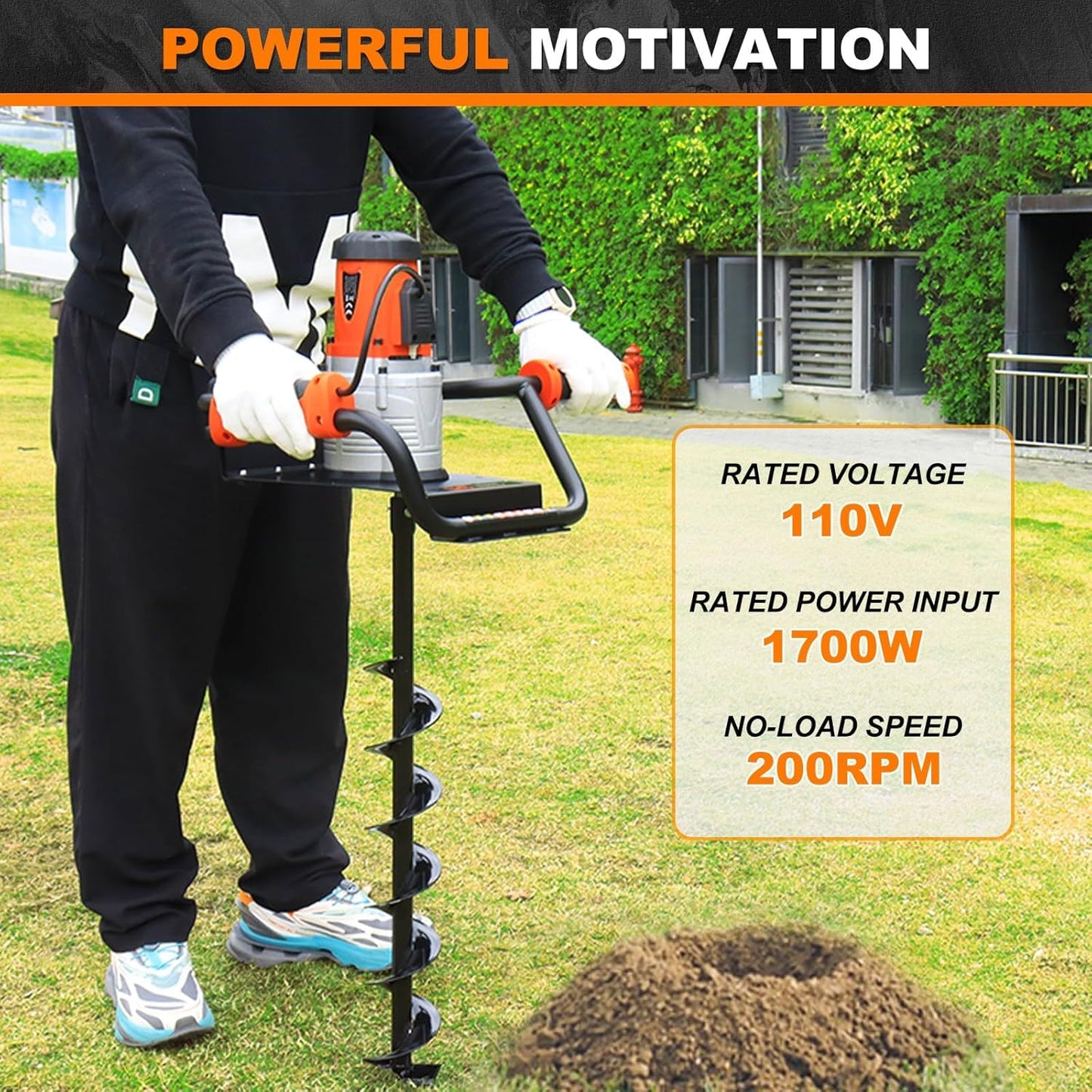 NEO-TEC 1700W Electric Earth Auger, Post Hole Digger with 4"/6"/8" Drill Bits & Extension Rod, High-Torque Power Drill for Planting, Fencing, Garden Lawn