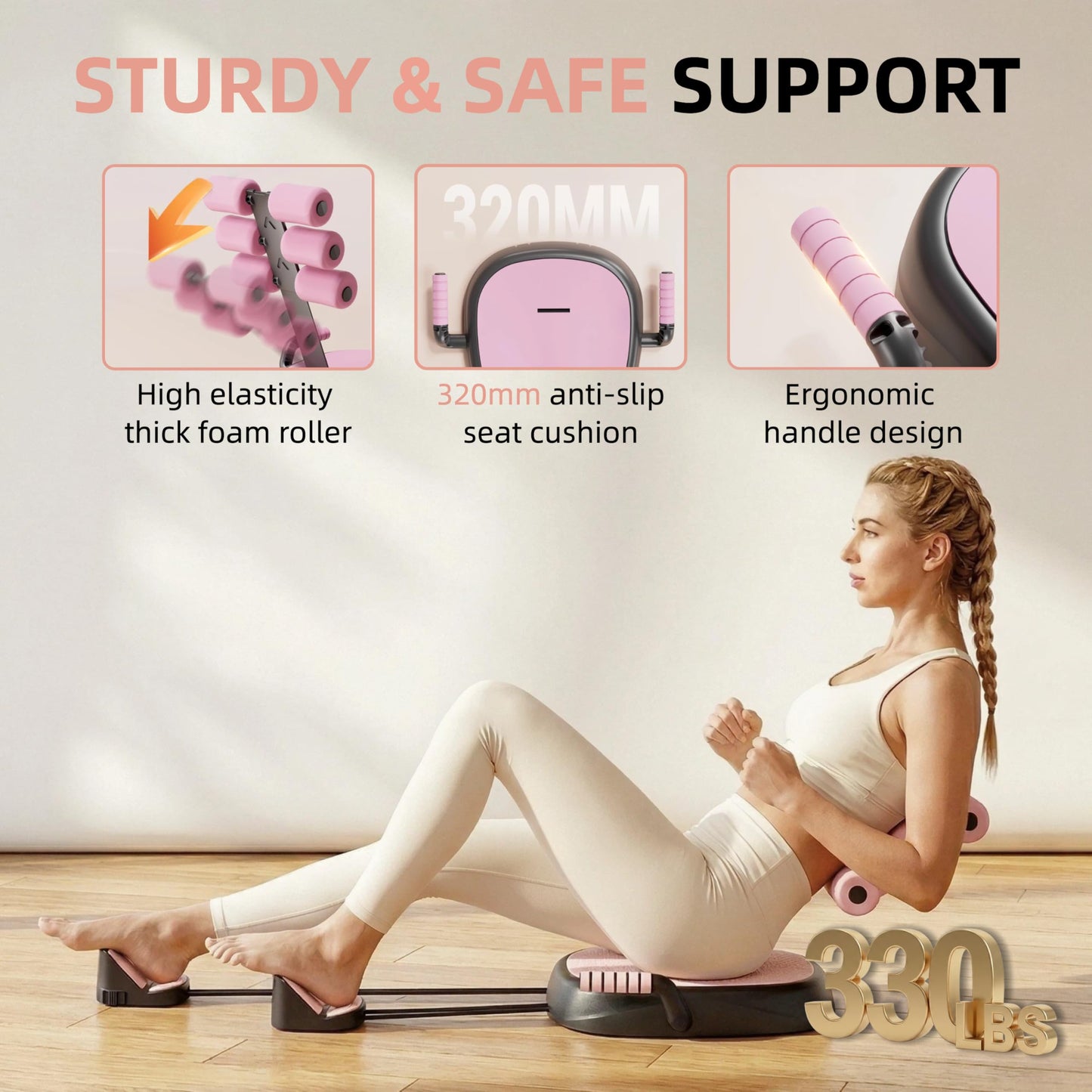 7 in 1 Ab Machine, Sit Up Exercise Equipment with Removable Auxiliary Handle, Home Workout Equipment for Abs, Legs, Arms, Ab Trainer Women Men (Pink)