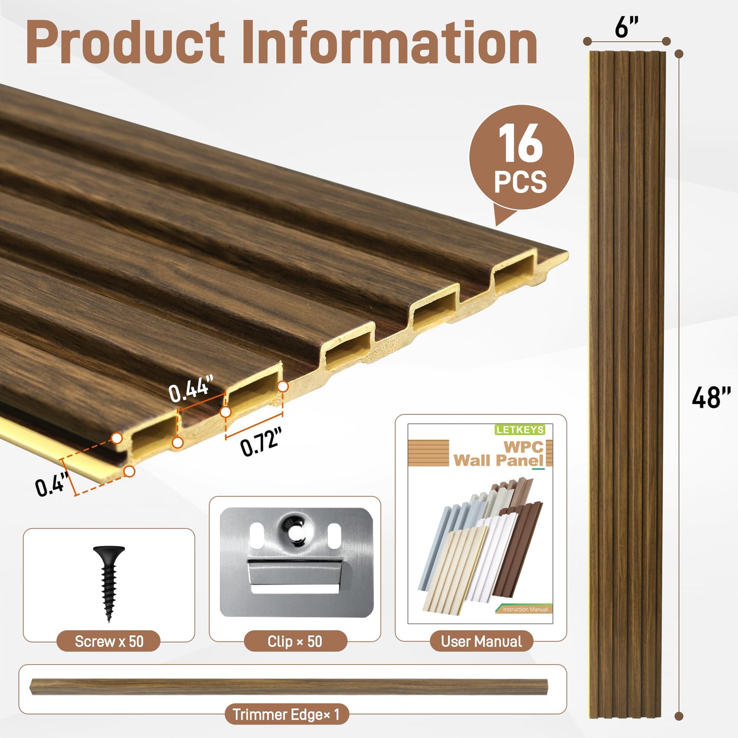 LETKEYS WPC Wainscoting Panels, 16 Packs 48 x 6 Inch 3D Wall Panels for Interior Wall Decor, Living Room, Bedroom, TV Background, Accent Slat Wall Paneling, Light Walnut