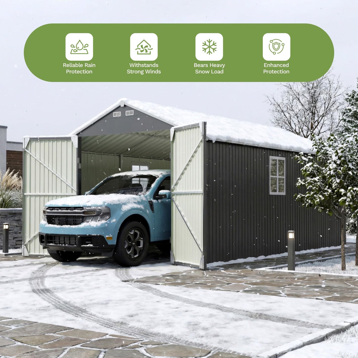 Greesum 12x20FT Metal Carport with Walk-in Side Door, All Weather Metal Garage Shed with Window and Vent, Canopy Shelter with Heavy Duty Frame and Galvanized Roof for Cars, Boats, Tools, Black