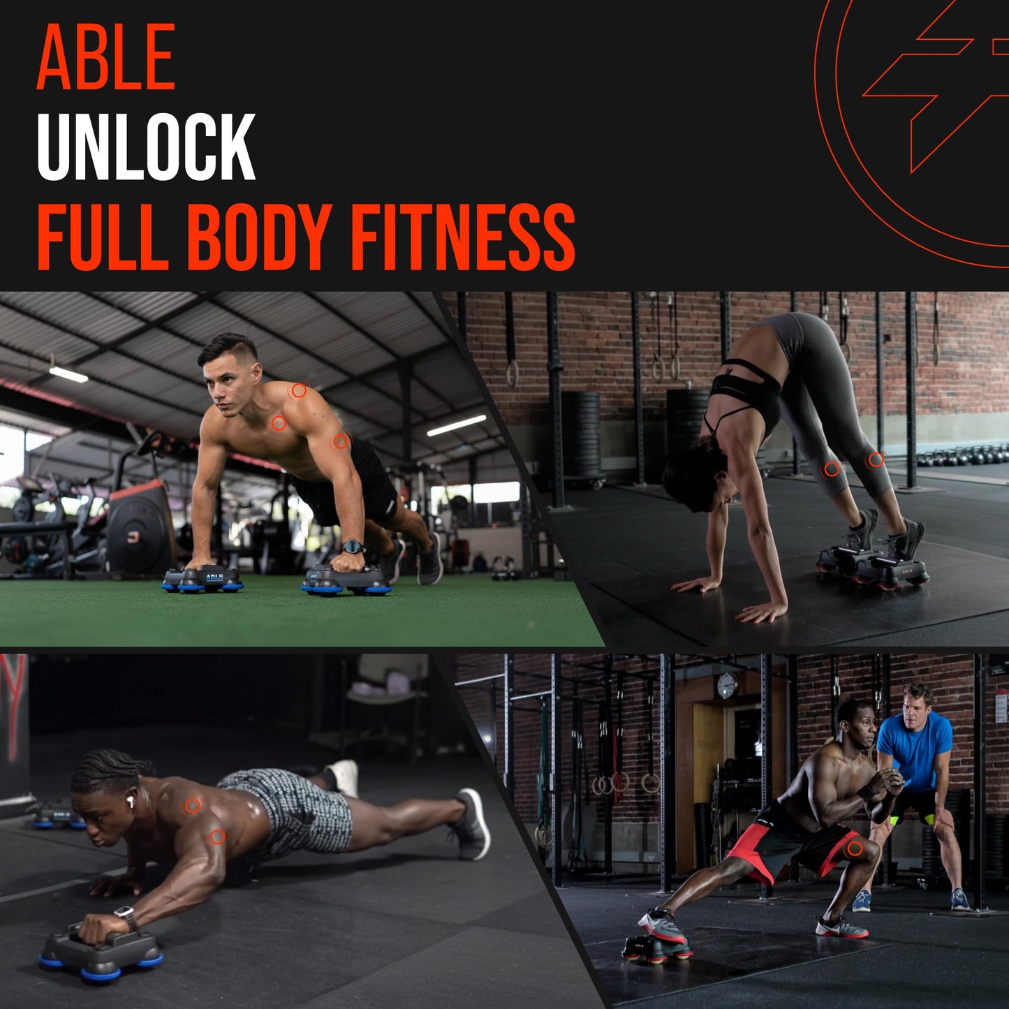 ABLE Multi-Directional Fitness Gliders (Pair) - Core Workout Equipment for Full Body Workout, Upper Body Strengthening & Leg Mobility/Lunges - A Better Alternative to Push Up Bars & Push Up Boards