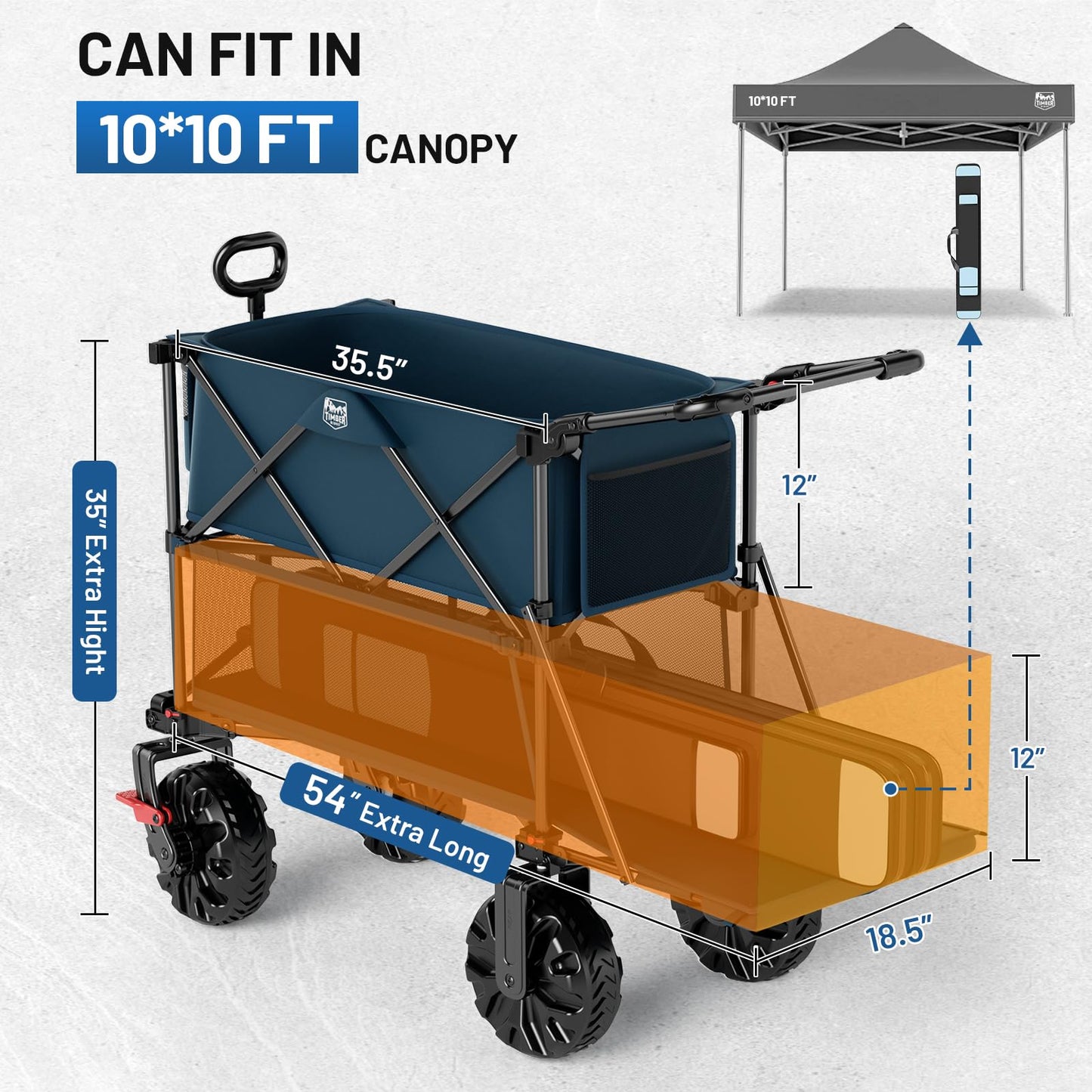TIMBER RIDGE Push & Pull Double Decker Wagon, 400L Large Capacity Heavy Duty & 450lb Load, Collapsible Cart with All-Terrain Wheels & Brakes, 54” Extended Foldable for Sports, Beach, Camping, Blue