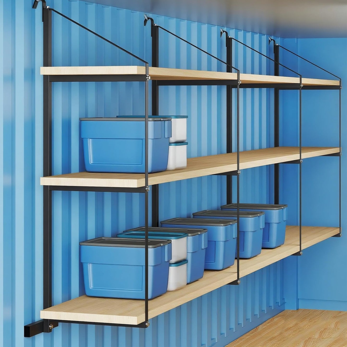 6 Pack Shipping Container Shelving Bracket, 3-Tier Black Power Coated Steel Brackets, 22"x60", 1100LBS Hanging Type Cargo Containers Storage Rack for Heavy Tools/Equipment