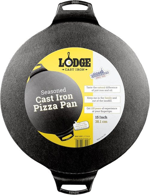 Lodge Seasoned Cast Iron Pizza Pan - 15-Inch Round Pan with Dual Assist Handles | PFAS-Free, Oven Safe