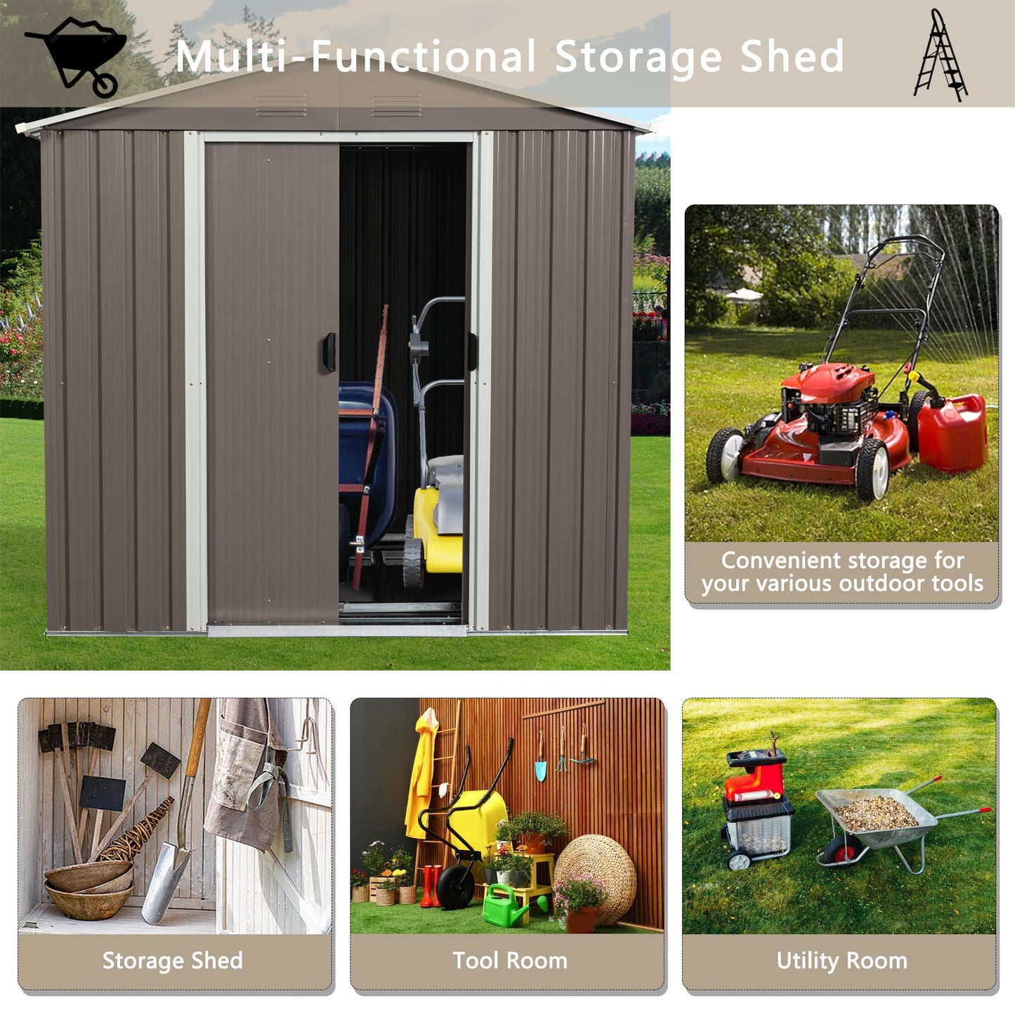 6FT x 5FT Outdoor Storage Shed, Heavy Duty Galvanized Steel Garden Shed with Sliding Lockable Doors, Punched Vents & Foundation Kit, Weather Resistant Metal Tool Shed for Backyard,Gray with Window