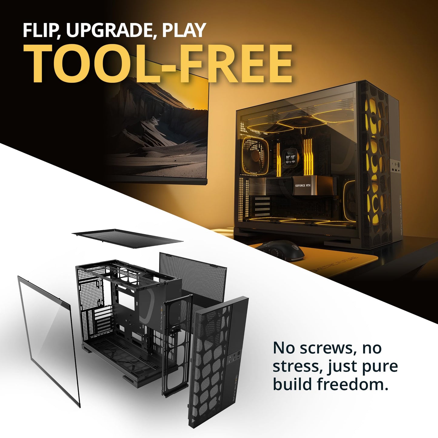 Geometric Future M5 Vent Mesh Panel Tempered Glass Mid Tower, E-ATX/ATX Gaming Case, High Airflow, 1.2mm Steel, Type C, Support 420/360 Radiator, ARGB PWM 140m fan x 5 Pre-Installed, Black, GEO-M5VF-B
