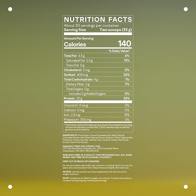 LTH Vital Vegan Protein - Trusted by Life Time Members - Plant-Based Protein Powder - Made from Pea Protein - Supports a Healthy Immune System - Gluten Free & Soy Free - Chocolate, 30 Servings