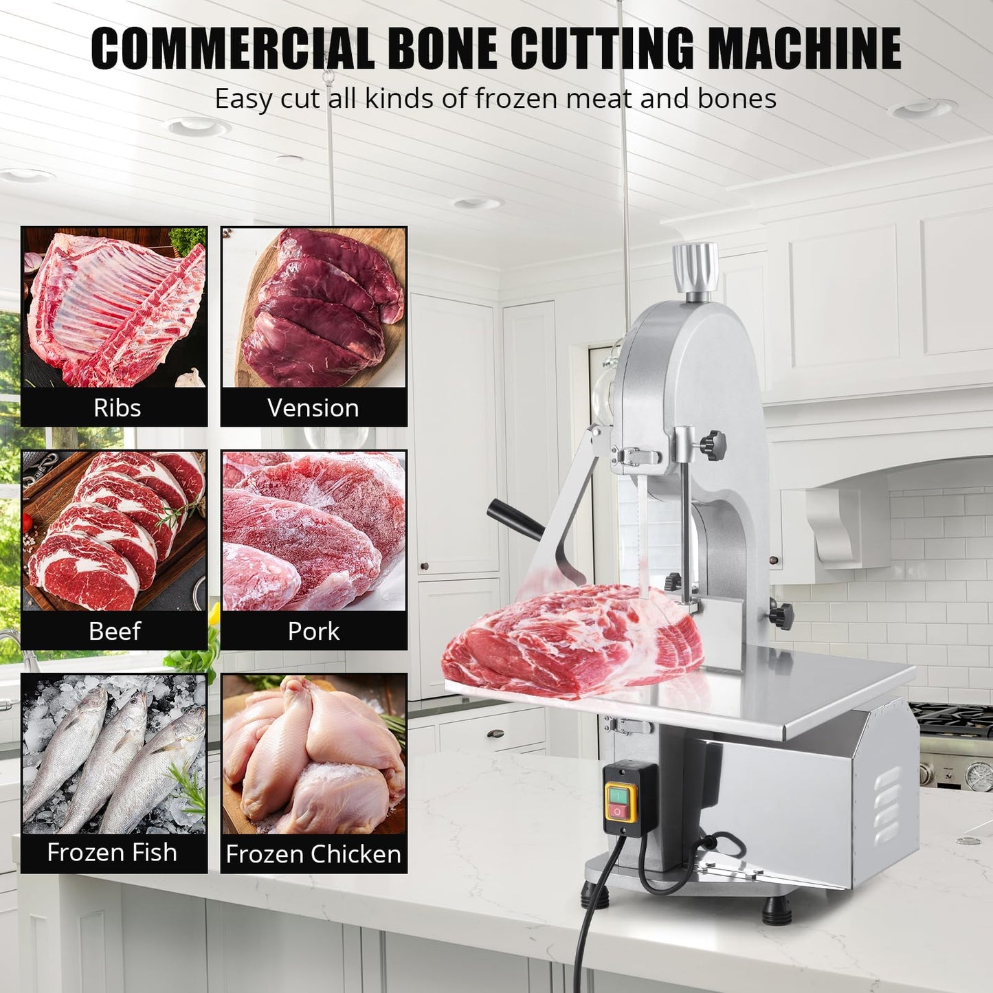 1500W Commercial Electric Bone Saw Machine, Frozen Meat & Bone Cutter with 5 Saw Blades, Adjustable 0.16-7.09 Inch Thickness, 19.3"x15" Stainless Work Table for Butcher Shops, Restaurants, Supermarket