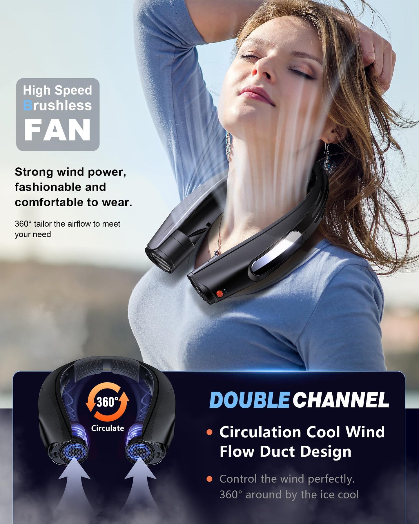 ZEEFO Portable Neck Fan, Hands Free Personal Fan- 6000mAh Battery Operated, USB Rechargeable Fan with 6 Adjustable Speeds, Cooling Wearable Fan for Home, Office, Outdoor, Trave-Black