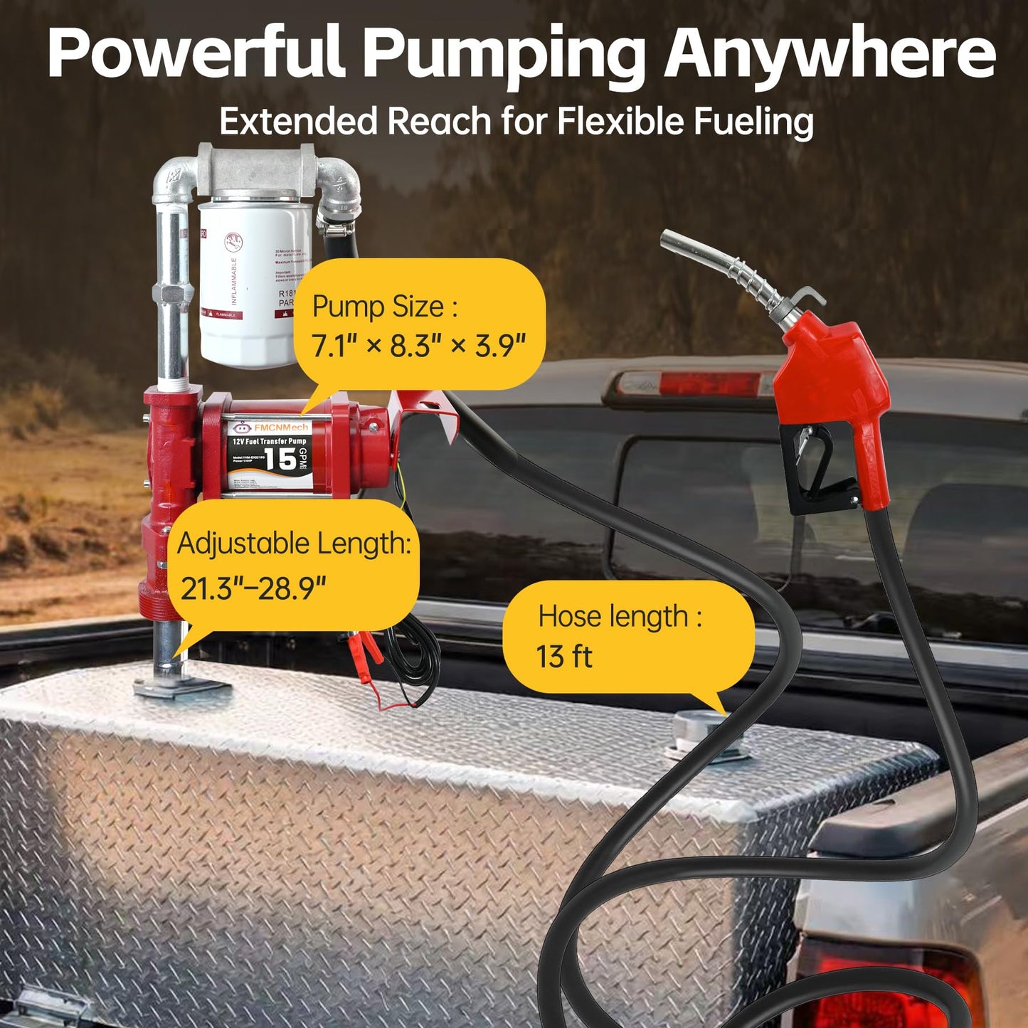 FMCNMech 12V Fuel Transfer Pump, 15 GPM Diesel Transfer Pump Kit with Automatic Shut-Off Nozzle, Heavy-Duty Fuel Pump with 13 ft Hose for Gasoline, Diesel & Kerosene