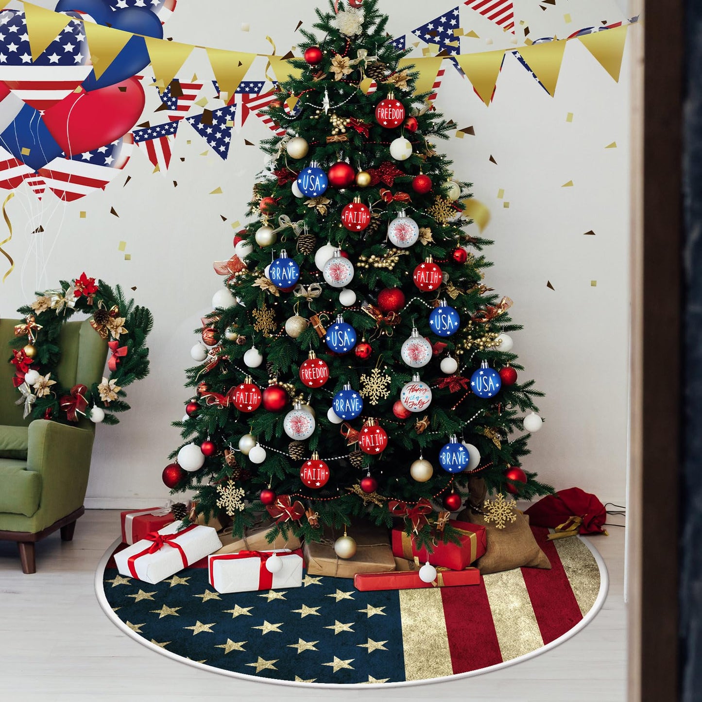PullCrease 36 Inch Patriotic Tree Skirt Reversible Summer Flamingo Tropical Palm Leaf 250th Anniversary Memorial Day Double Sided Print Mat for 4th of July Summer Tree Decoration