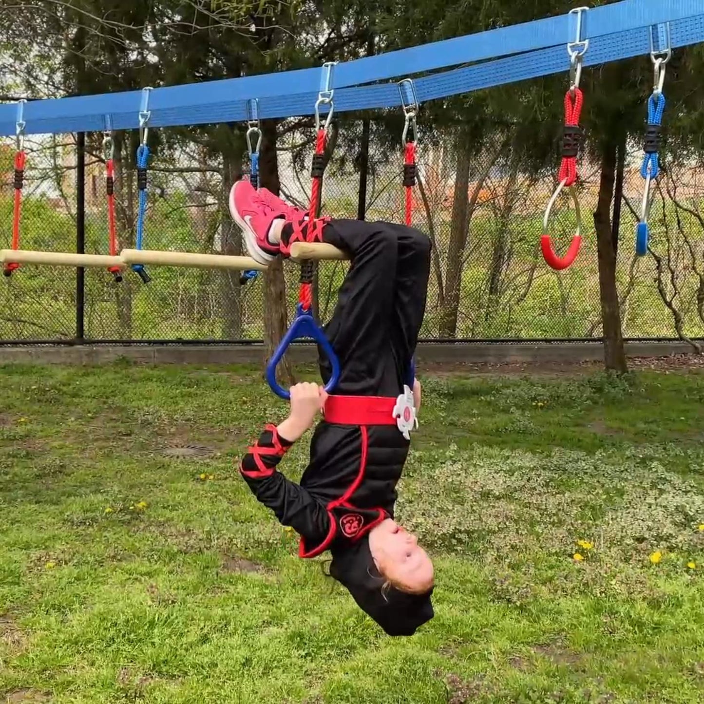 Double Ninja Slackline Obstacle Course for Kids | 110 Foot Line | Monkey Bars Playground Equipment | Ninja Warrior Obstacle Course for Kids | Patented Double Line Design (Deluxe)