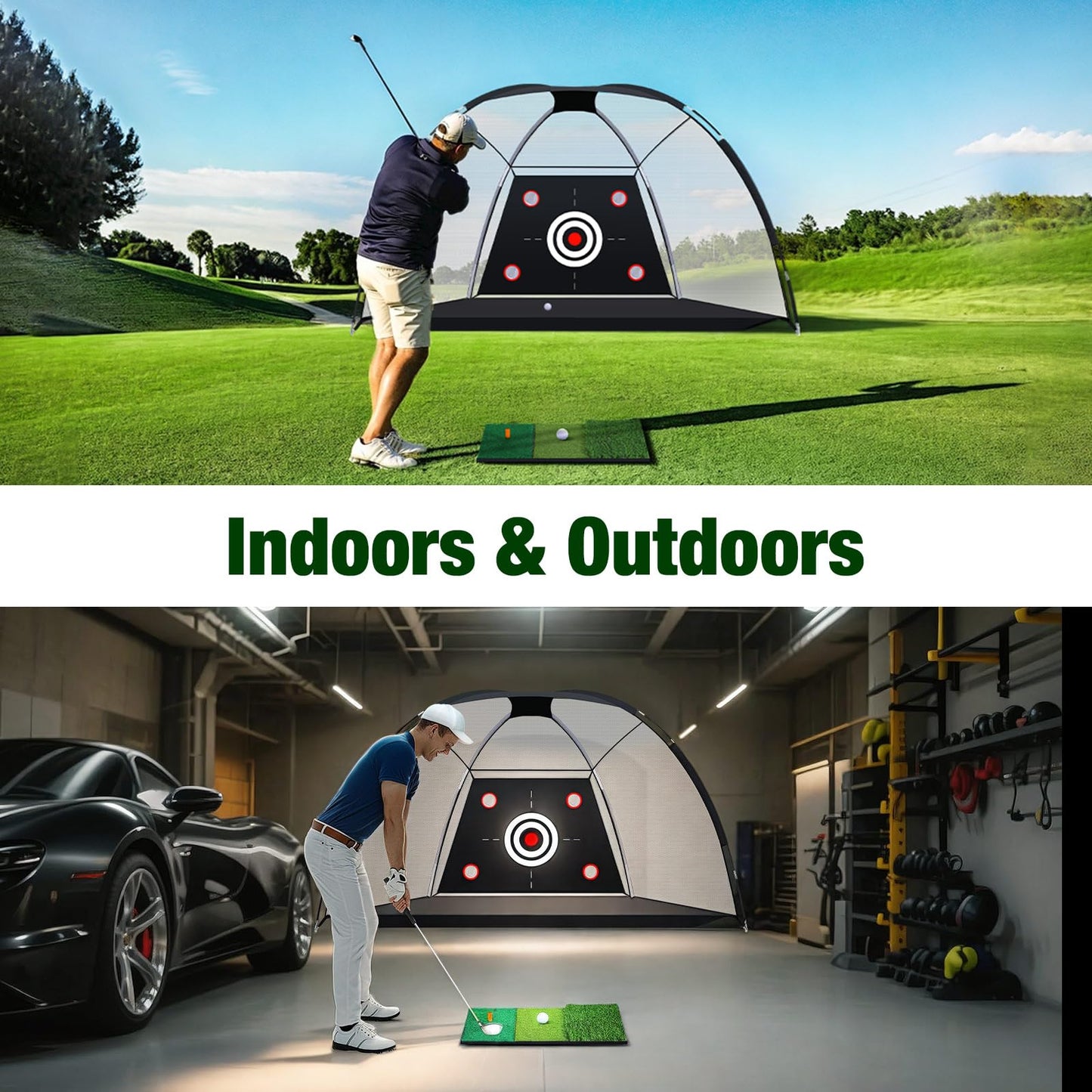 MoKo Golf Net with Practice Mat, 10 x 7 ft Golf Hitting Net for Outdoor Indoor Backyard Driving Chipping Swing Training, All-in-One Multi-Target Practice Nets, Gifts for Men Dad Him and Golfer, Black