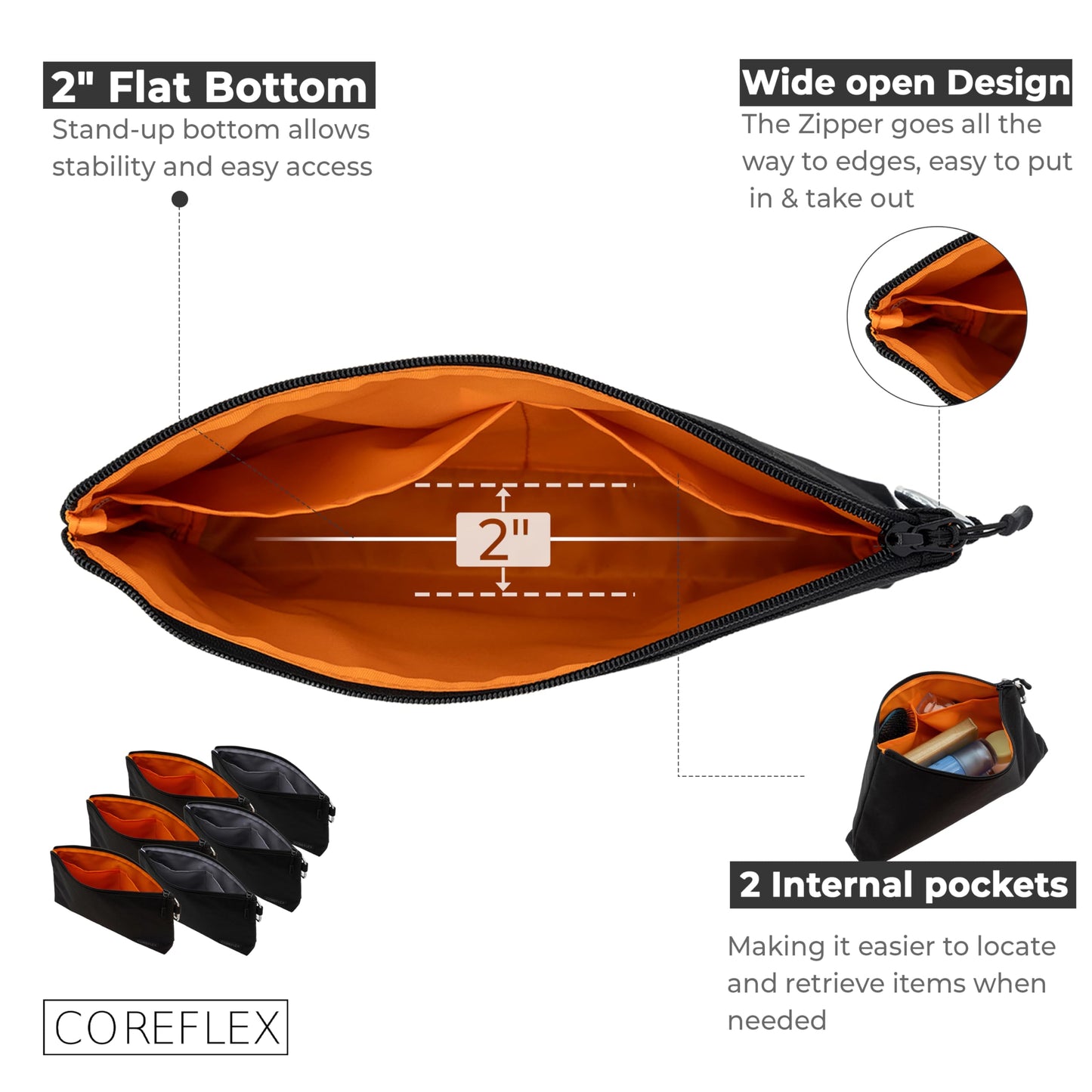 COREFLEX Premium Tool Pouch Zipper Bag, Small Tool Bag, Multipurpose Storage pouch, Heavy duty Flat Bottom Tool bag with YKK Zipper (6 pack Large 12inch Black)