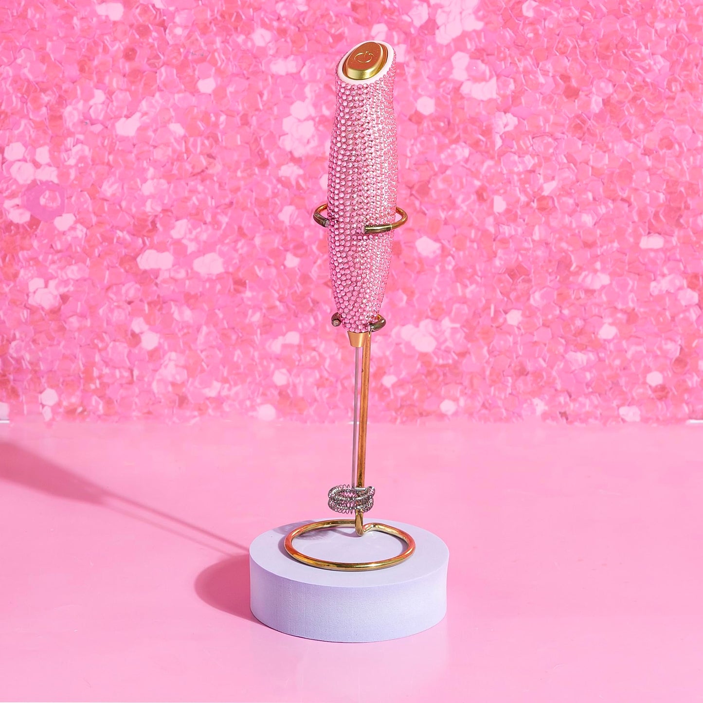 Paris Hilton Electric Rhinestone Handheld Milk Frother with Double Coil Head Whisk and Gold Metal Stand, Battery Powered (2 AA Batteries Required but Not Included), Pink