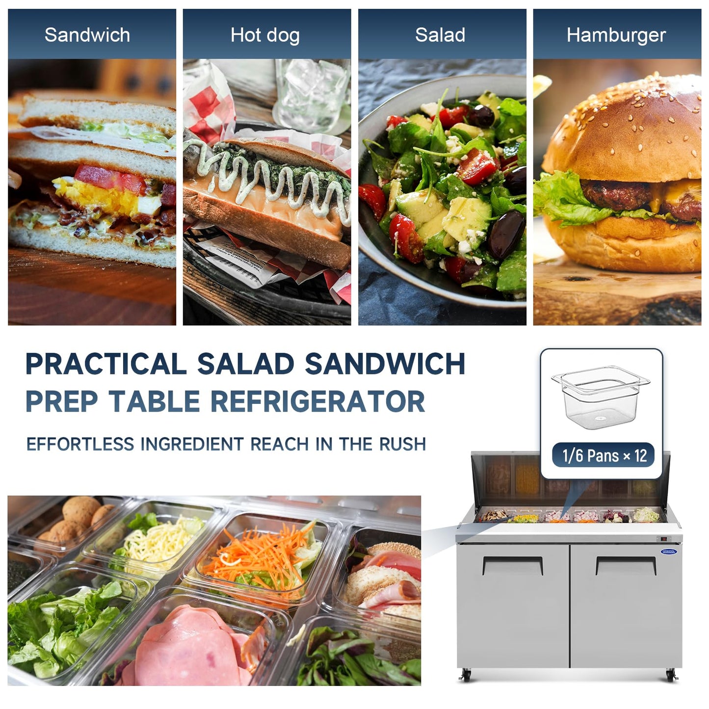 48"W Commercial Sandwich Prep Table Refrigerator - Stainless Steel Door with 12 Pans, 14 Cu.Ft Capacity, Auto Defrost, Digital Temperature Control for Restaurants, Delis, Catering & Convenience Stores