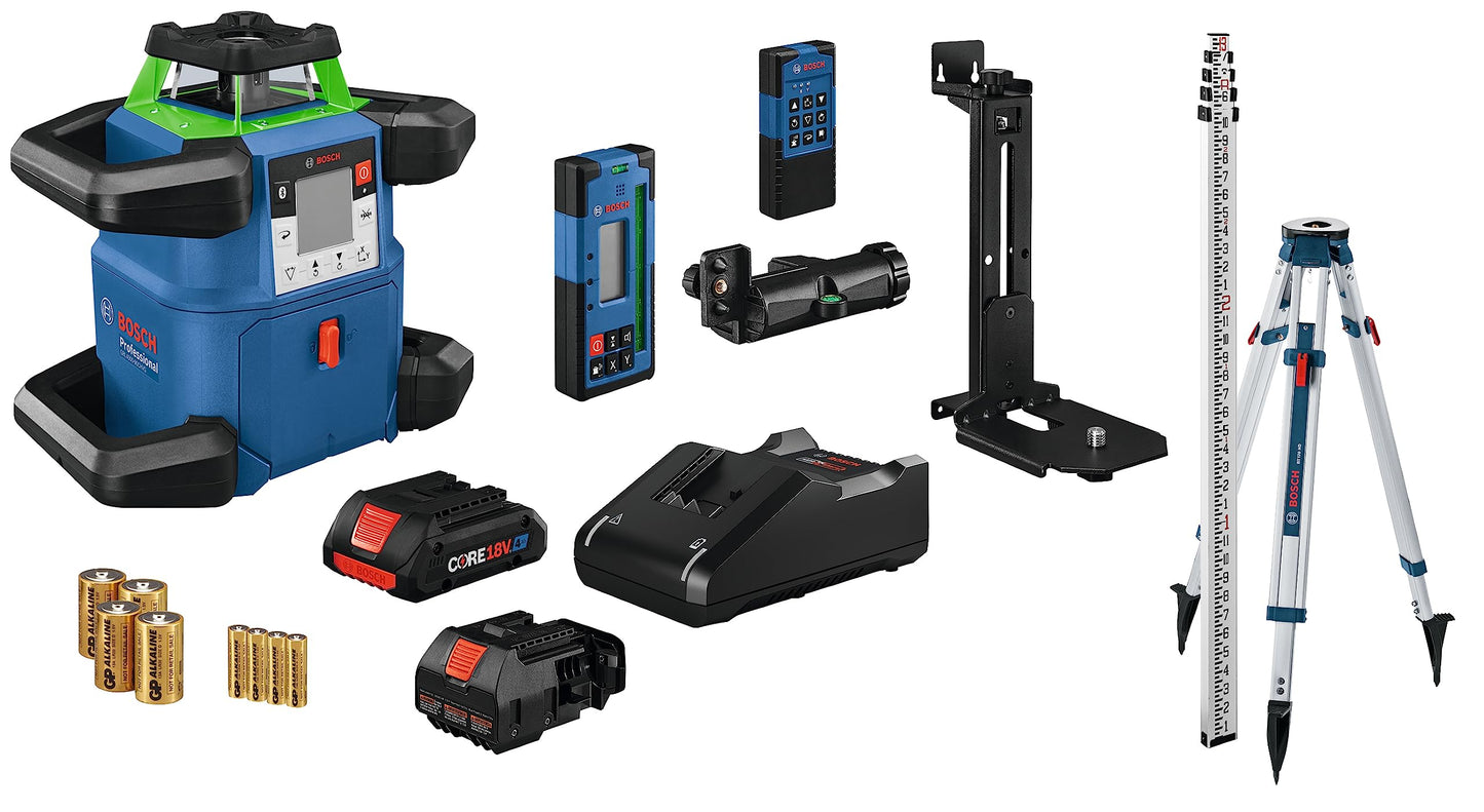 BOSCH GRL4000-90CHVK REVOLVE 18V Connected Green-Beam Self-Leveling Horizontal/Vertical Rotary Laser Kit, Includes CORE18V 4 Ah Battery & Charger, Tripod, Rod, Receiver, Carrying Case, & Accessories
