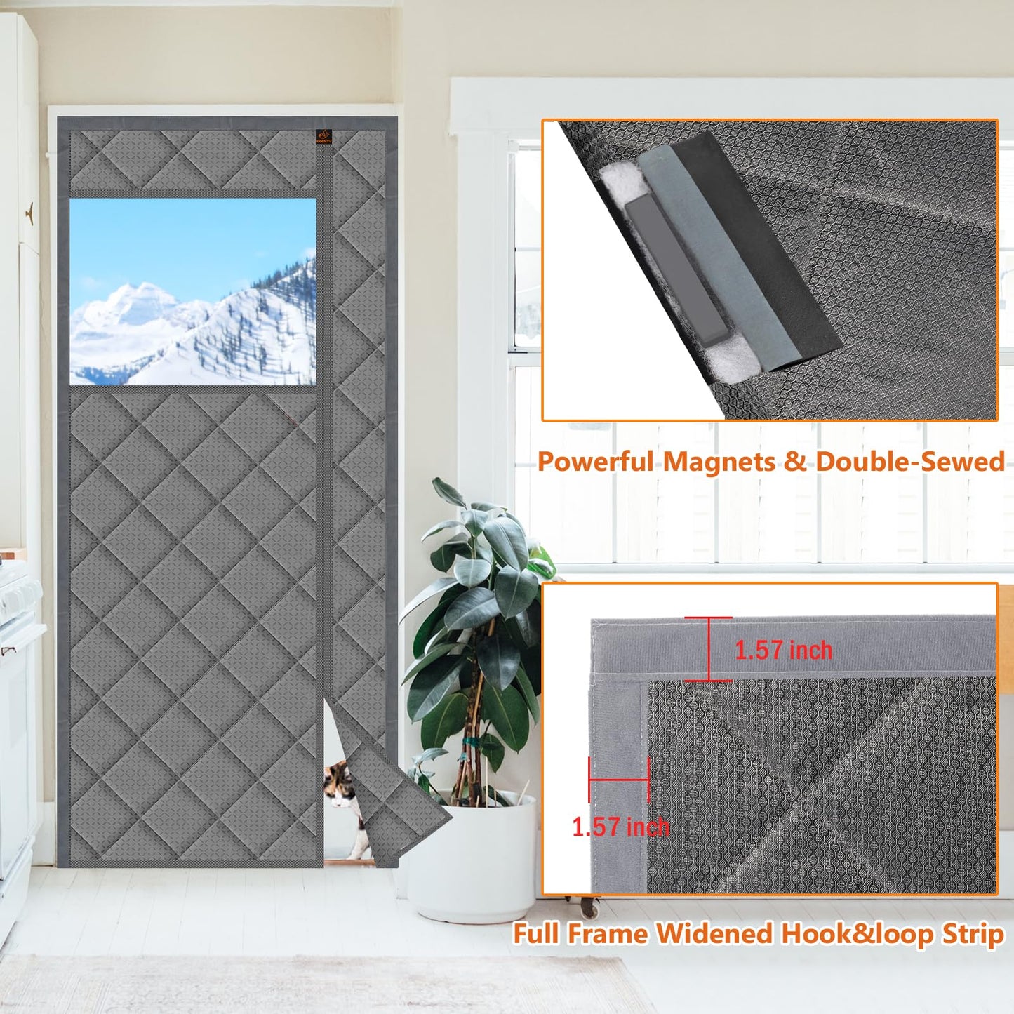 WochiTV Magnetic Thermal Insulated Door Curtain Fits Door Size 32" x 80", Durable Waterproof Cloth, Polyester Fiber Filling, Weatherproof, Windproof, Reduce Noise, Visible Panels, Side Opening, Gray