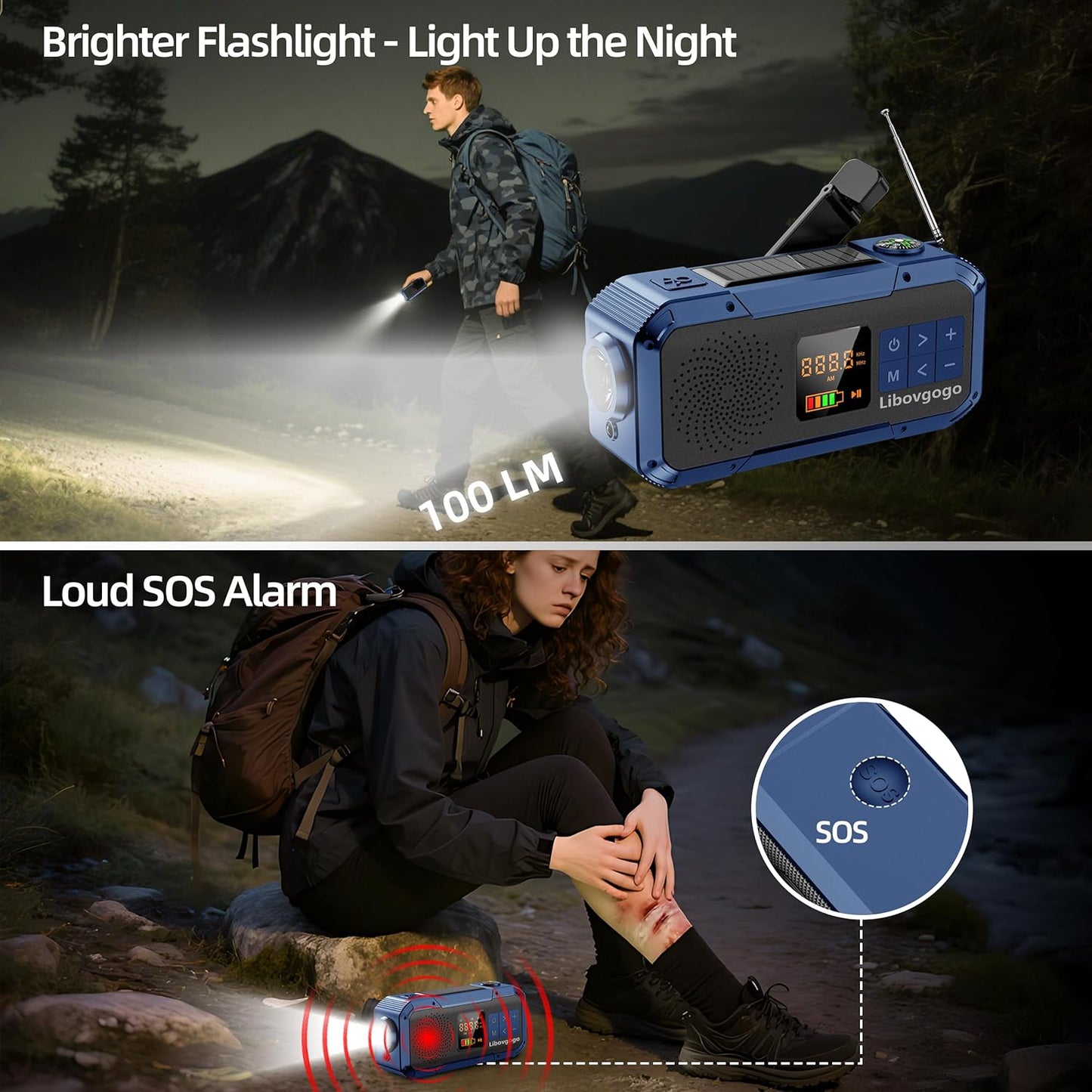 libovgogo IPX5 Alarm,2000mAh Emergency Weather Radio with Waterproof Portable Bluetooth Speaker,USB-C Solar Hand