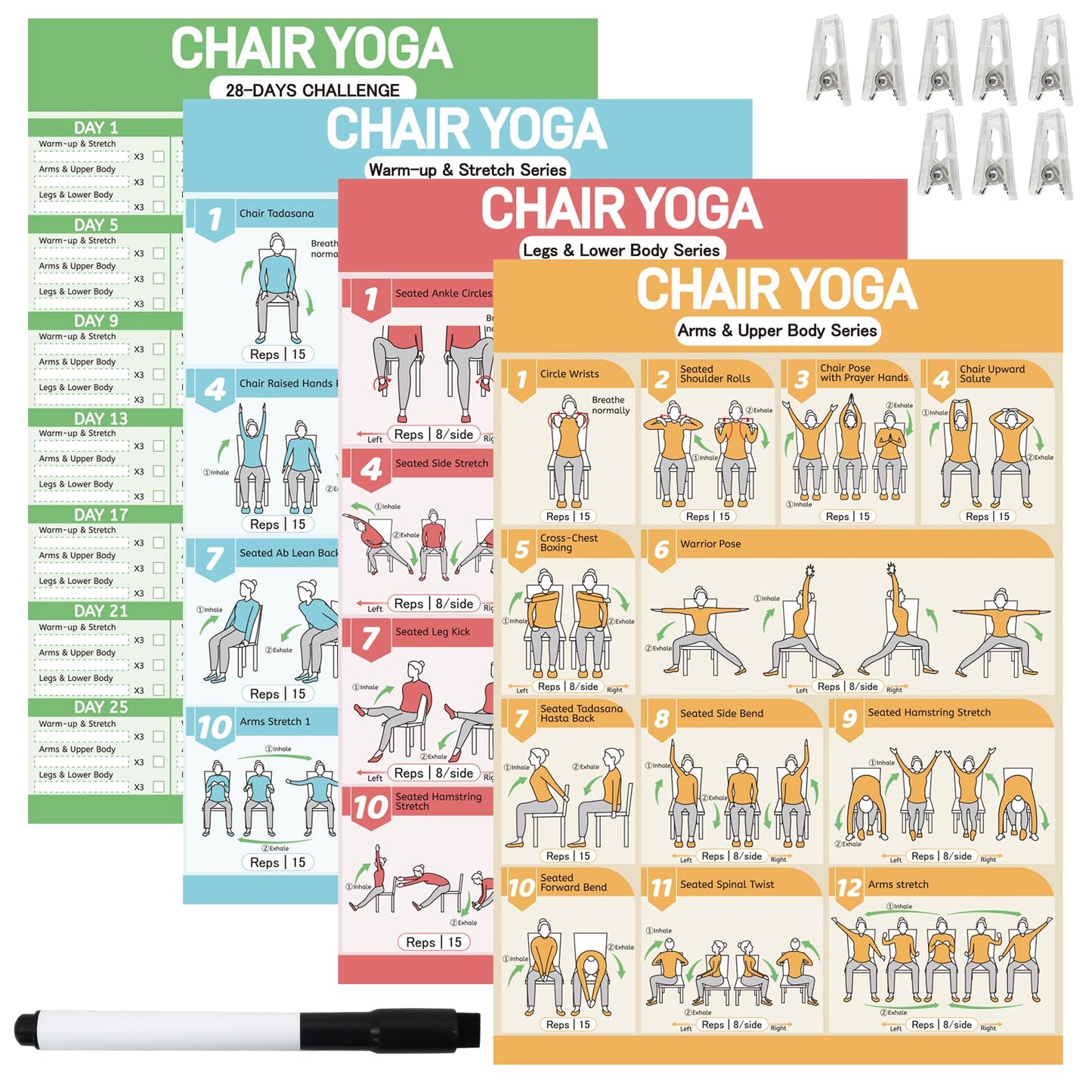 Chair Yoga Poster Set for Seniors & Beginners-3 Illustrated Guides,1 28-Day Challenges, 8 Double-Sided Clips &1 Dry-Erase Marker, 36 Poses Wall Chart Includes Postures, Instructions & Breathing Tips