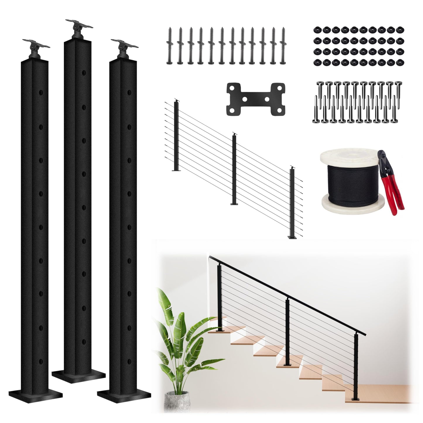 Patavin Complete Set 36" Cable Railing Post Kit, Black 25-35° Angle Drilled Stair Railing Post, Invisible Cable Railing System Kit, 1/8" Stainless Steel Cable, 3Pack with Cable Grommets (No Handrail)