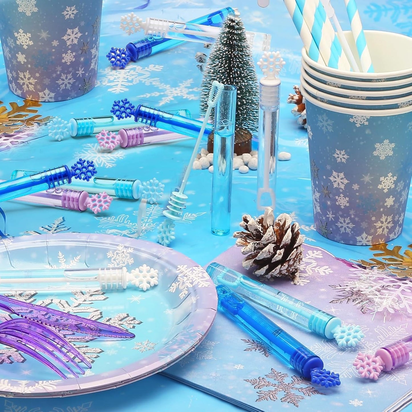 Skiennix 32 Pcs Snowflake Bubble Wands - Colorful Mini Party Favors for Kids | Winter-Themed Fun