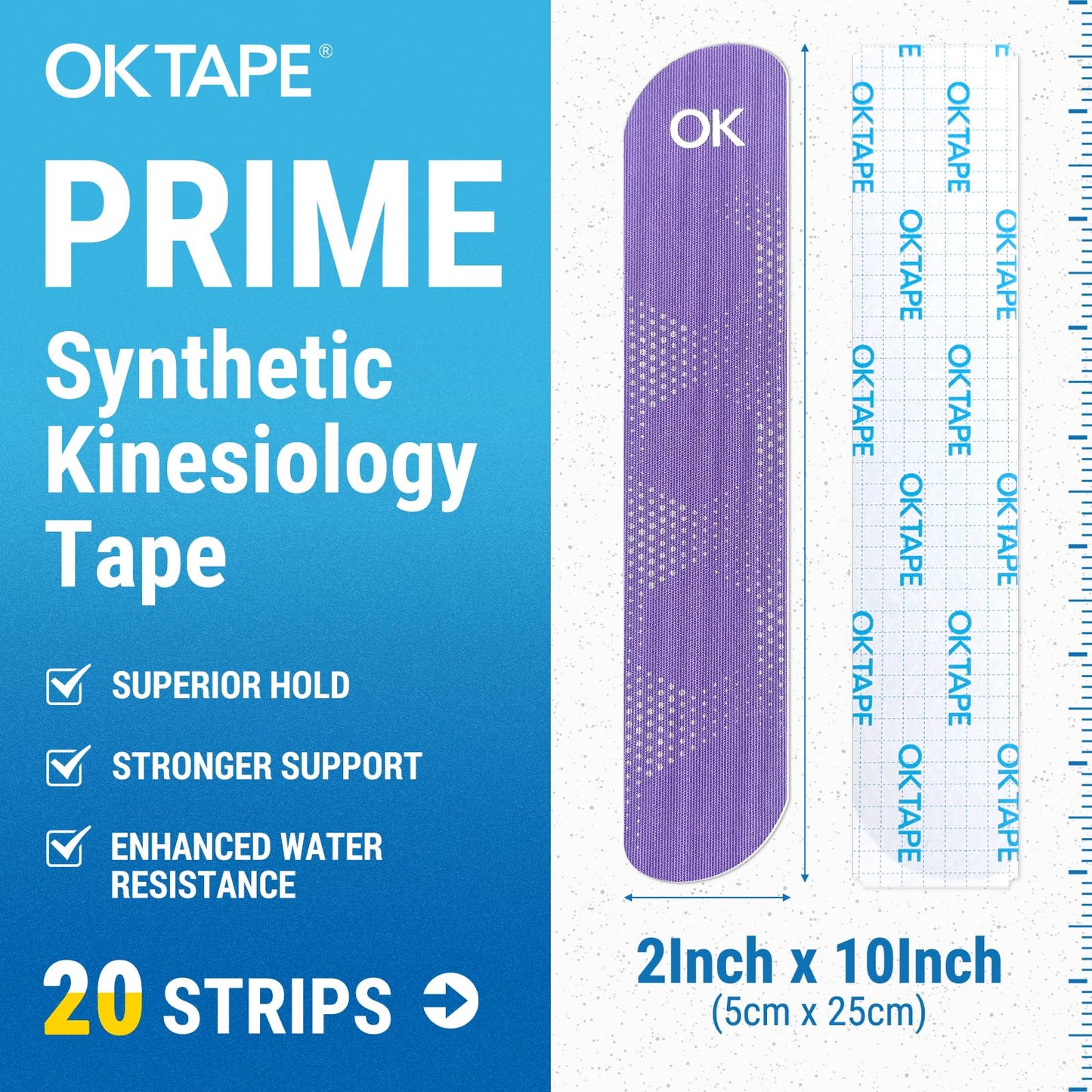 OK TAPE Synthetic Kinesiology Tape Precut Strips, Waterproof Elastic Athletic Tape for Pain Relief & Muscle Support, Reflective Design, 2in×16.4ft Roll, 20 PCS -Purple