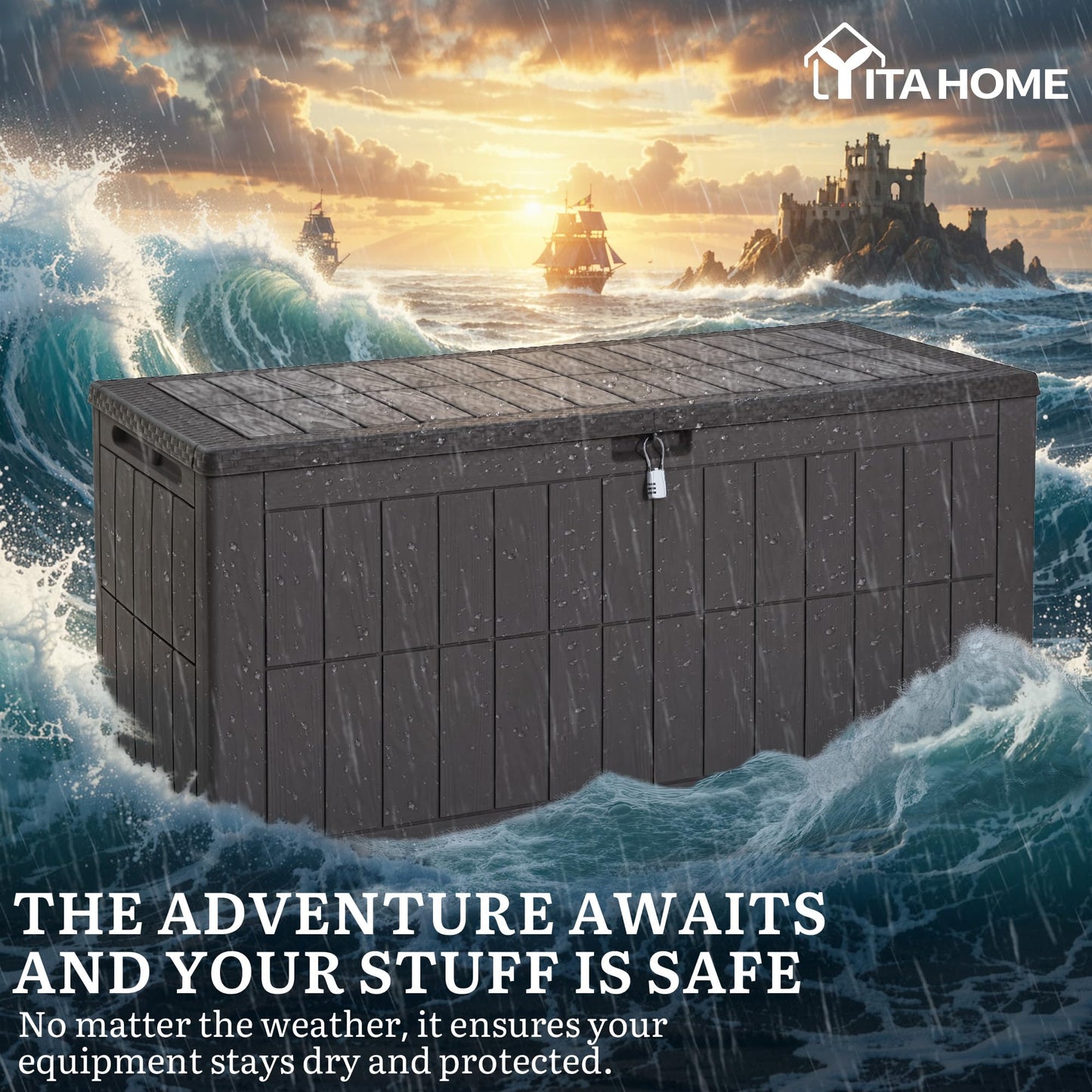 YITAHOME 134 Gallon Large Deck Box, Waterproof Resin Outdoor Storage Box with Lock, Doubles as 2-Person Bench Seating for Patio Furniture Cushions,Garden Tools & Pool Accessories, Dark Brown