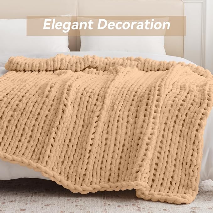 Negwoo Chunky Knit Throw Blanket, 60''*80'' Knitted Throw Chenille Yarn for Bed Couch, Handmade Beige Crochet Big Thick Blanket, Machine Washable Cute Comfy Blanket for Home Decor