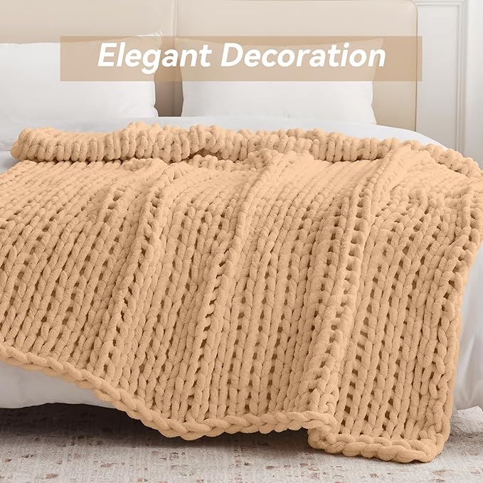 Negwoo Chunky Knit Throw Blanket, 30''*40'' Knitted Throw Chenille Yarn for Bed Couch, Handmade Beige Crochet Big Thick Blanket, Machine Washable Cute Comfy Blanket for Home Decor