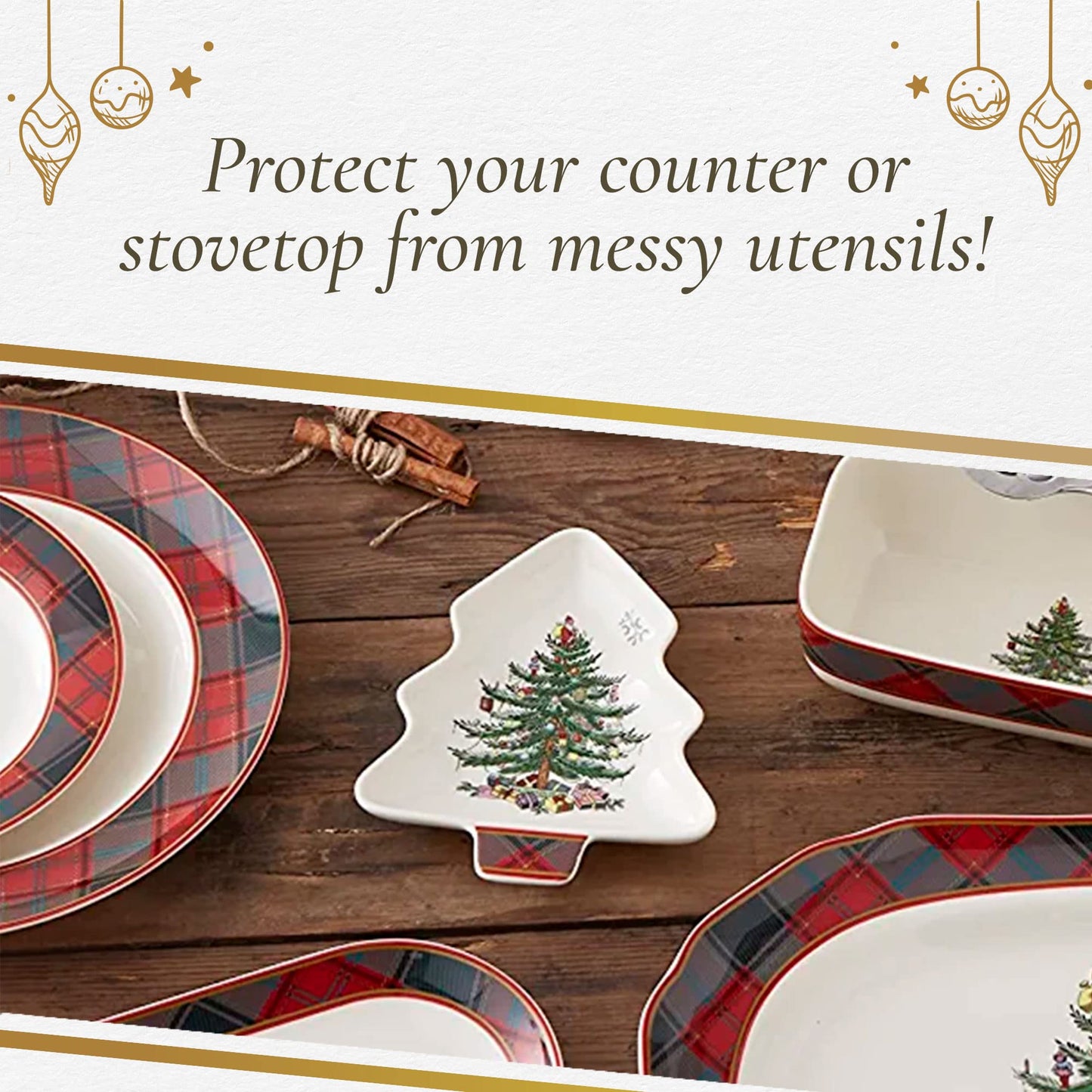Spode Christmas Tree Tartan Spoon Rest, 7-Inch Tree-Shaped Holiday Utensil Holder, Festive Porcelain Spatula & Ladle Rest, Christmas Kitchen Counter Décor, Dishwasher & Microwave Safe - Hostess Gift